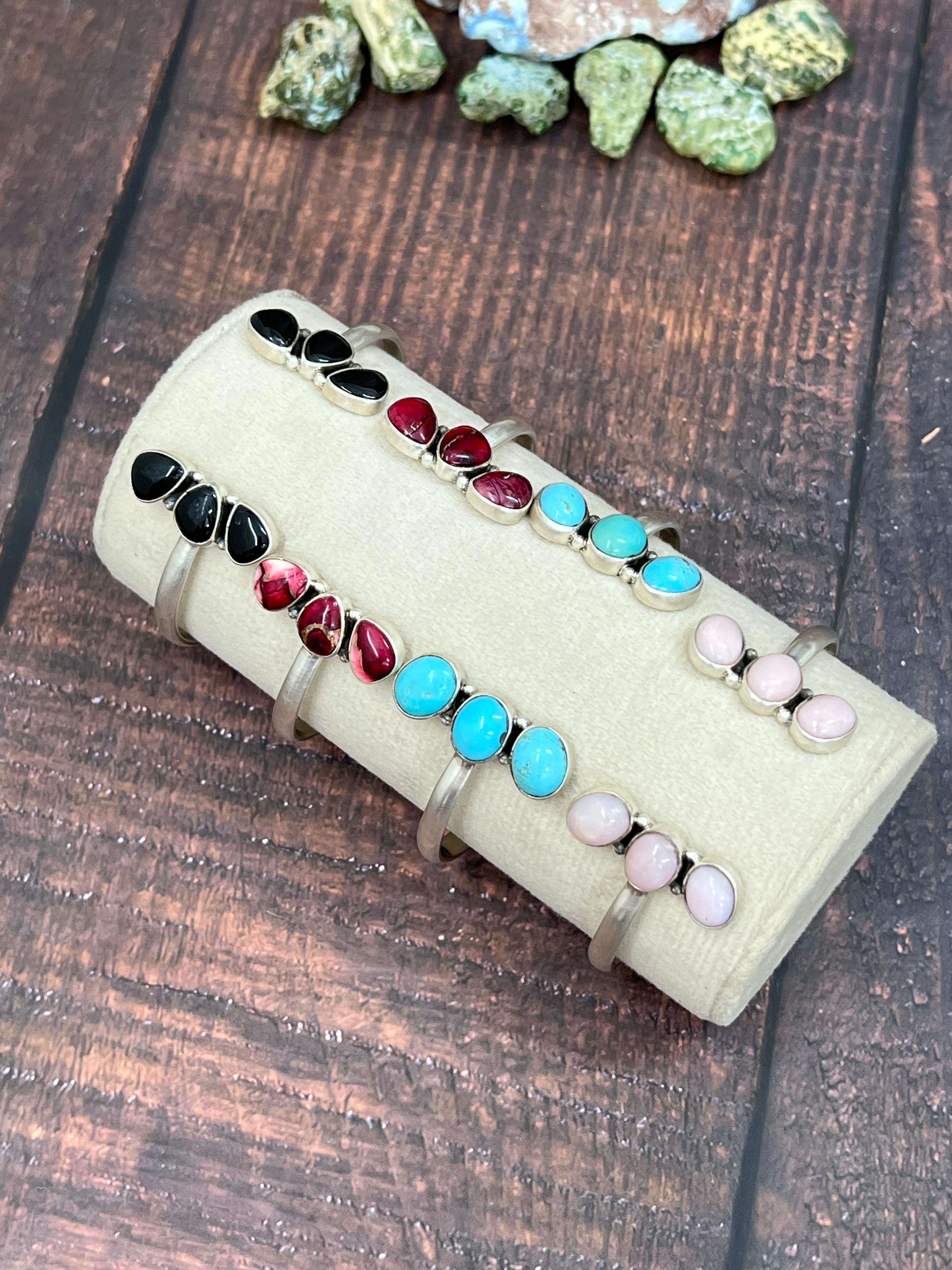 Handmade Sterling Silver Dahlia Rose, Black Onyx, Kingman Turquoise, Pink Opal Bracelet with Signed Nizhoni