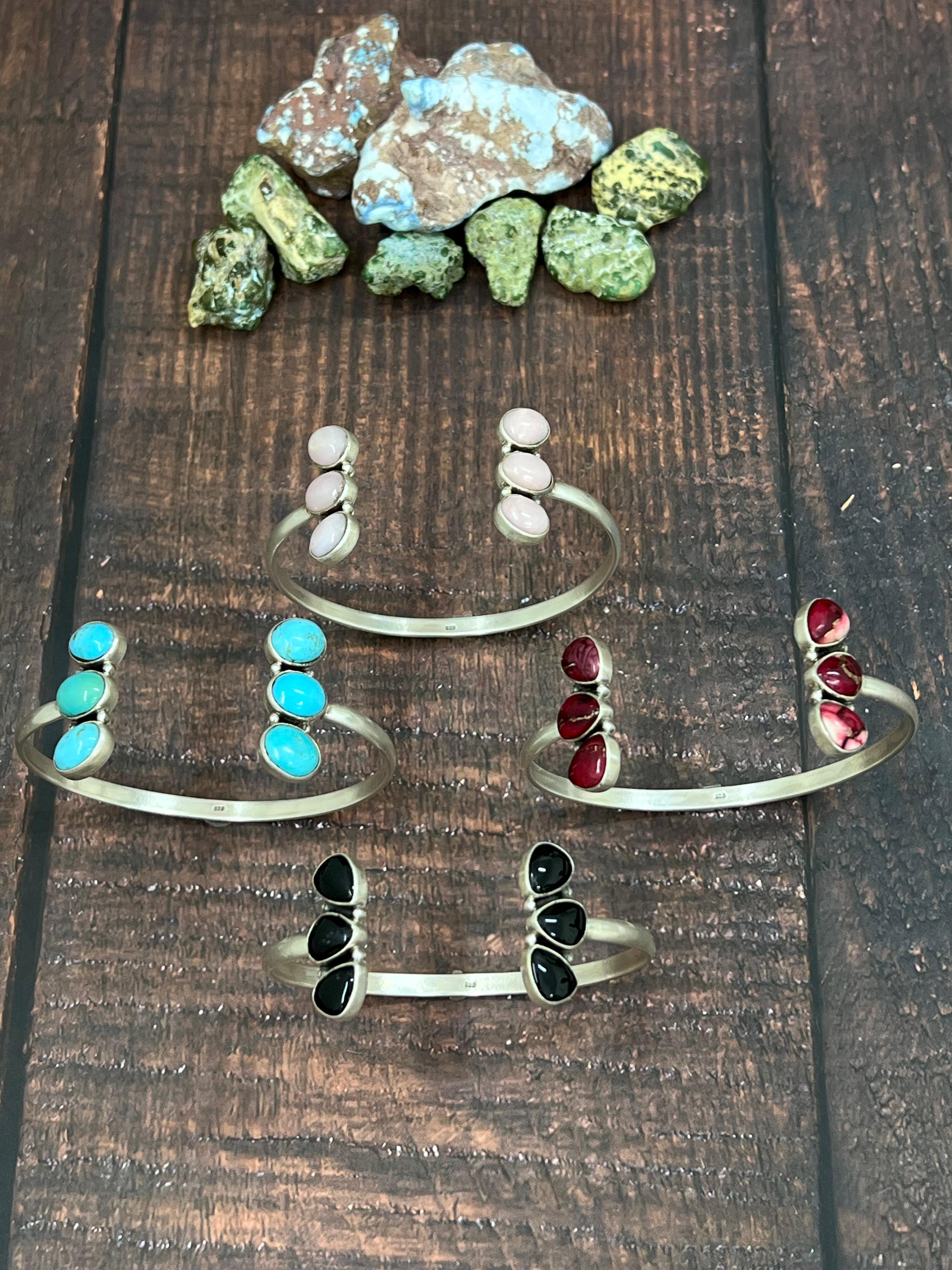 Handmade Sterling Silver Dahlia Rose, Black Onyx, Kingman Turquoise, Pink Opal Bracelet with Signed Nizhoni