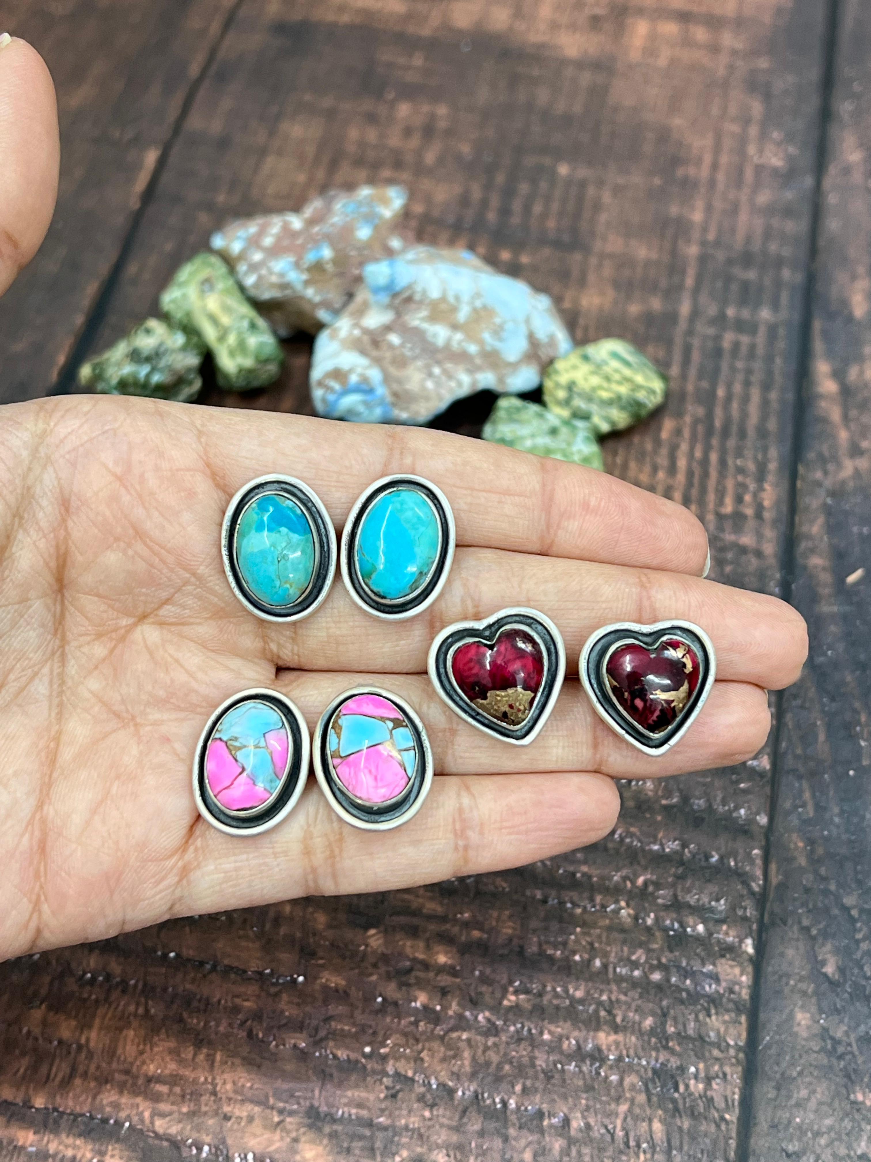 Handmade Sterling Silver Dahlia Rose, Cotton Candy, Kingman Turquoise Post Earrings with Signed Nizhoni