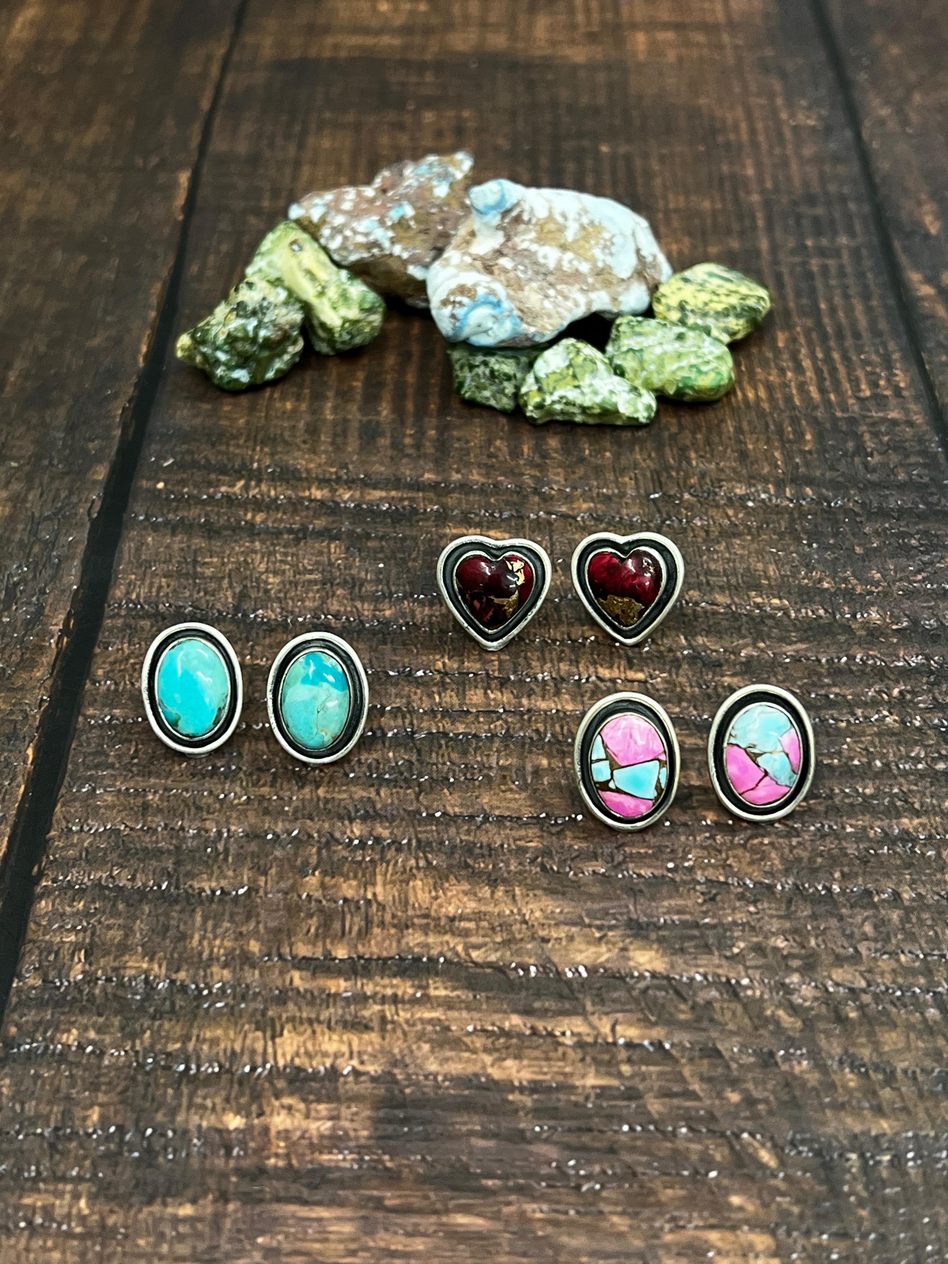 Handmade Sterling Silver Dahlia Rose, Cotton Candy, Kingman Turquoise Post Earrings with Signed Nizhoni