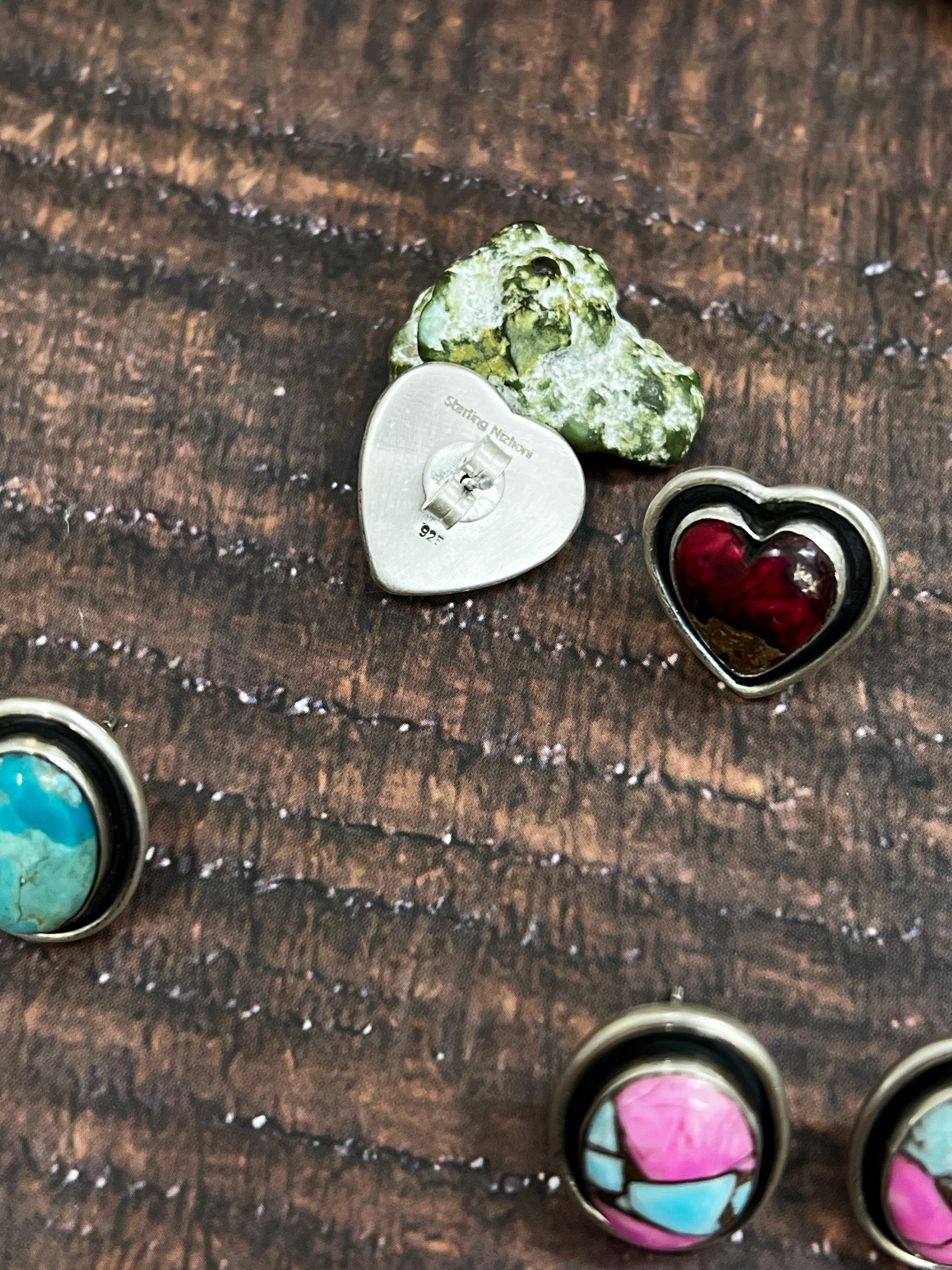 Handmade Sterling Silver Dahlia Rose, Cotton Candy, Kingman Turquoise Post Earrings with Signed Nizhoni