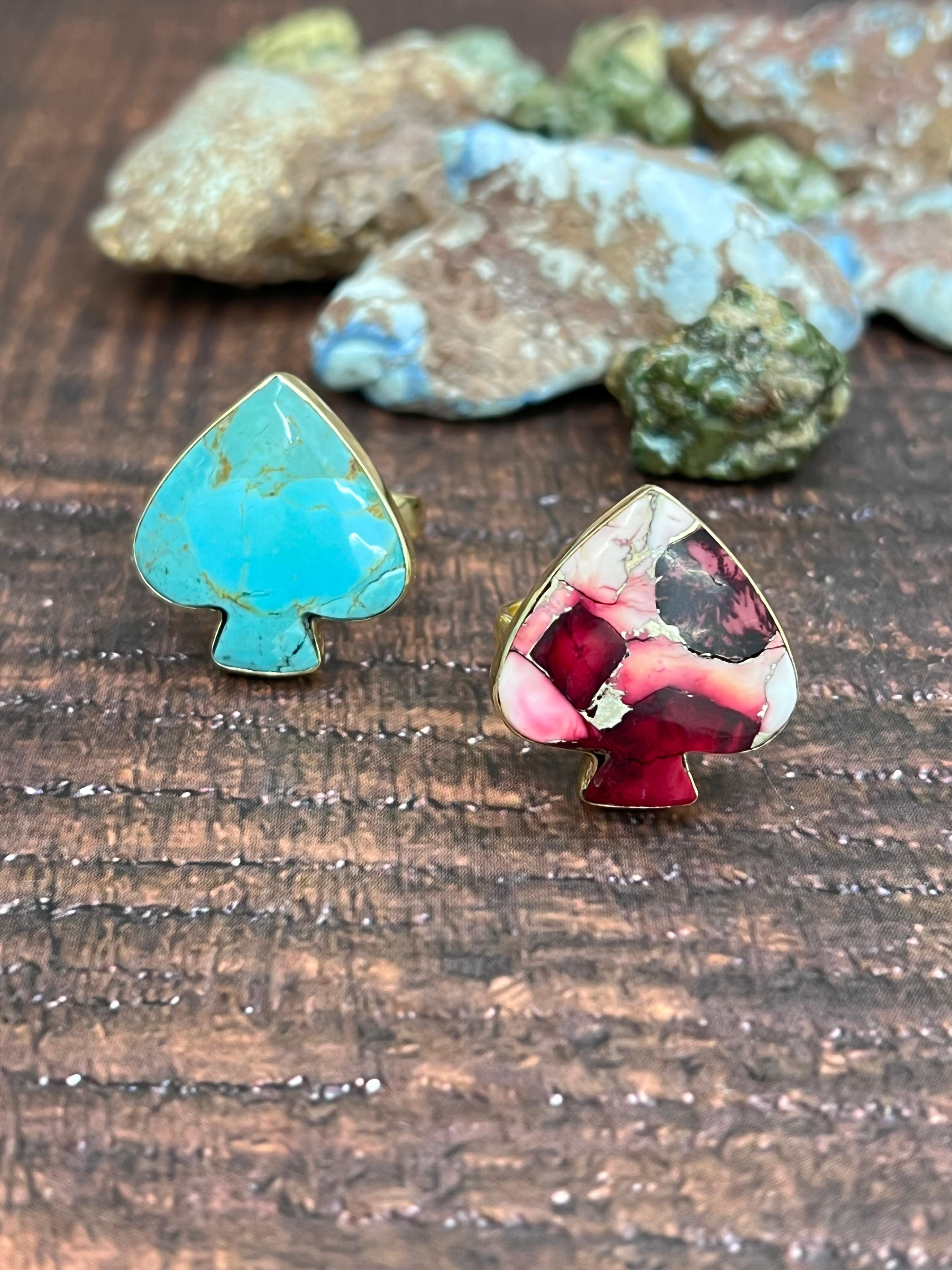 “The Golden Collection” Handmade Natural Dahlia Rose, Kingman Turquoise Adjustable Spade Ring