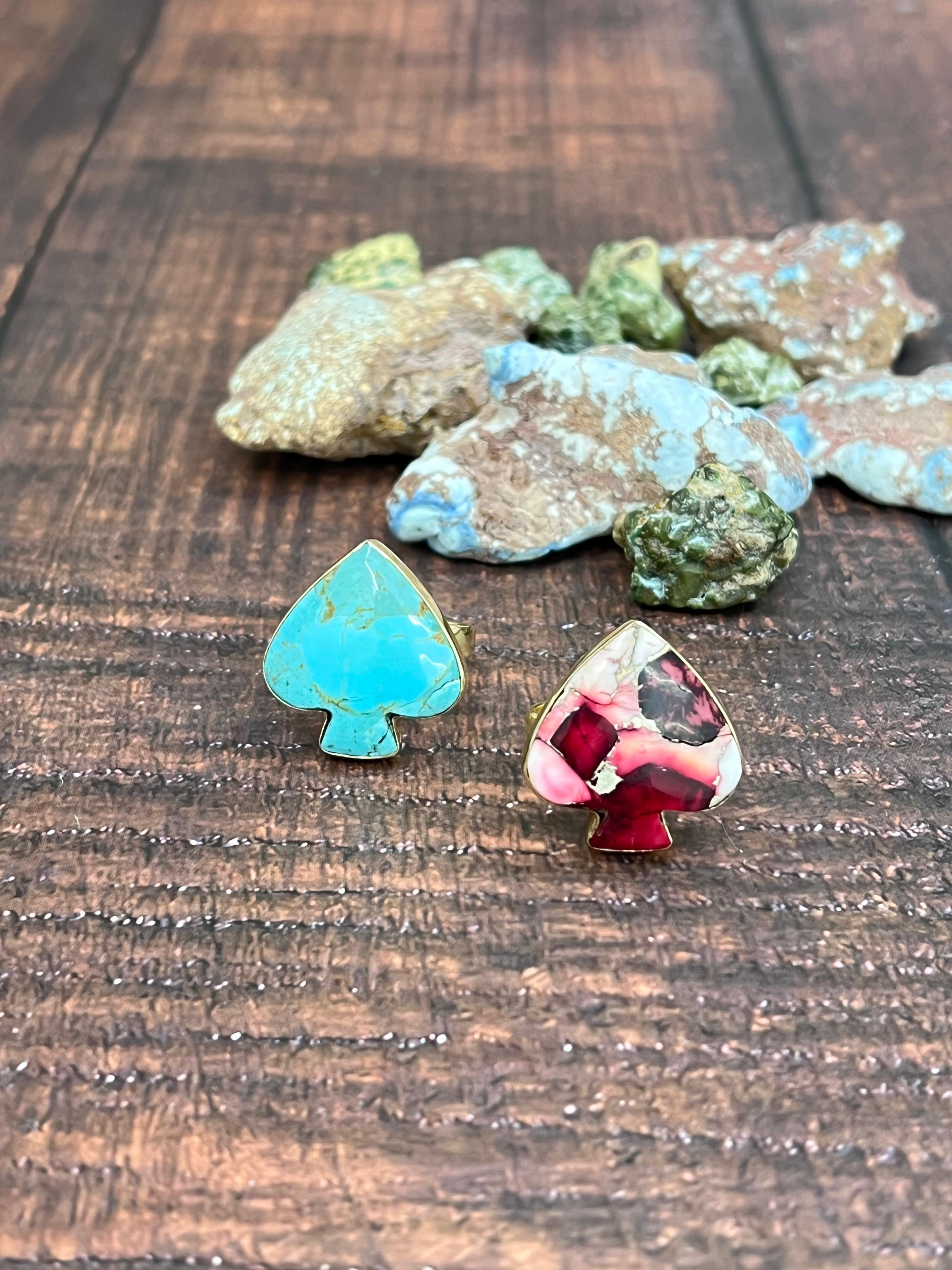 “The Golden Collection” Handmade Natural Dahlia Rose, Kingman Turquoise Adjustable Spade Ring