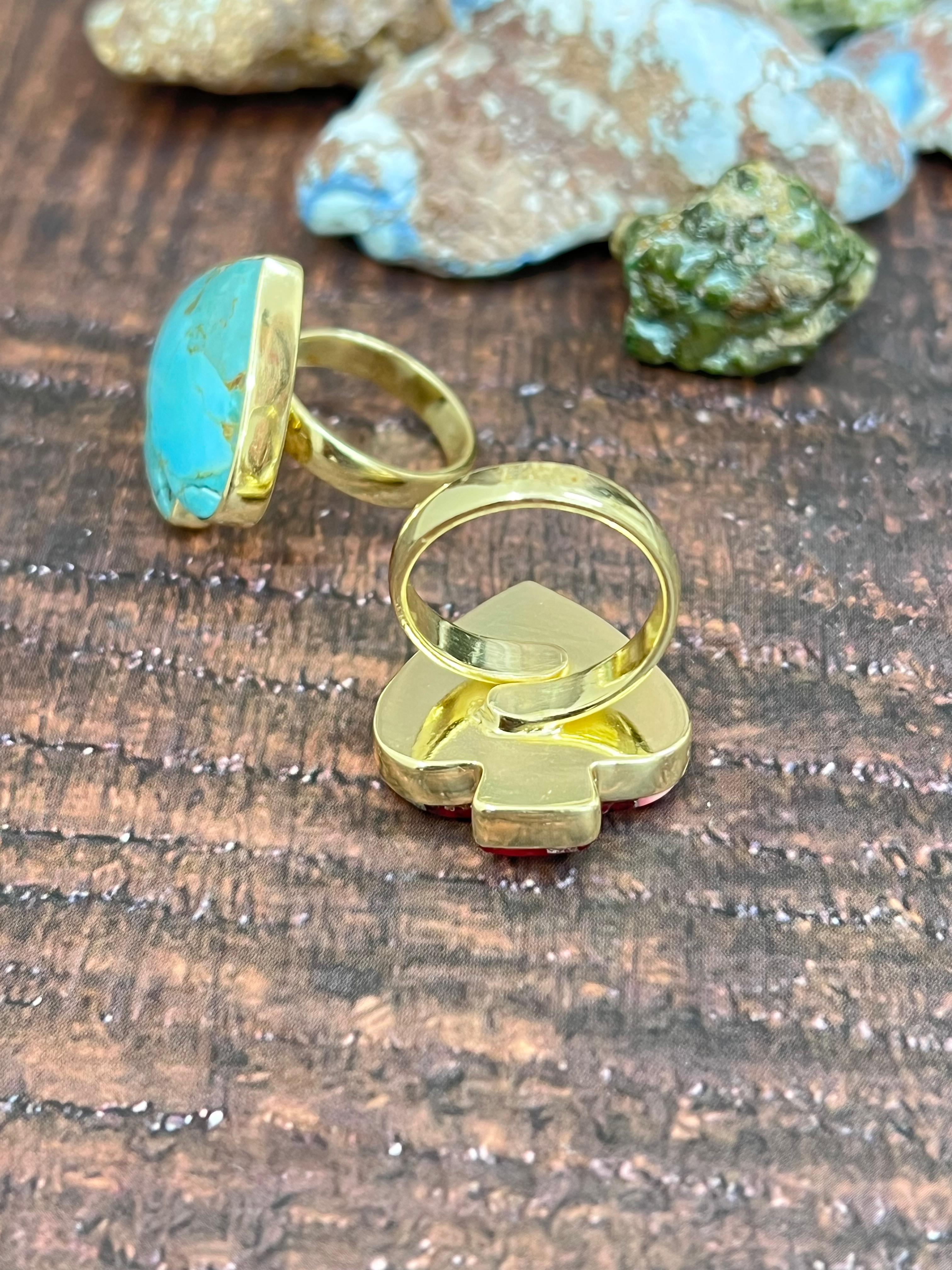 “The Golden Collection” Handmade Natural Dahlia Rose, Kingman Turquoise Adjustable Spade Ring