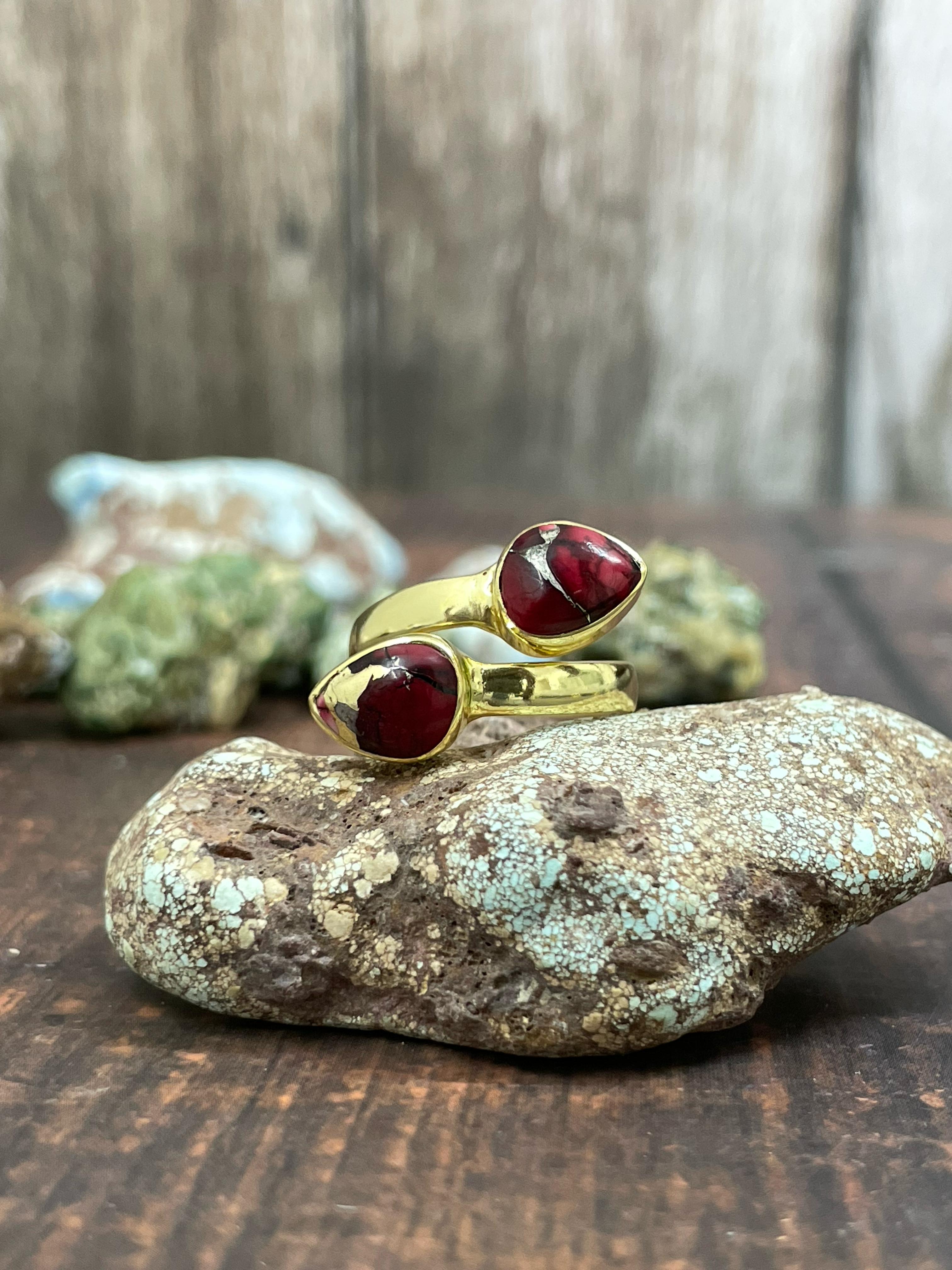 “The Golden Collection” Natural Dahlia Rose 2 Stone Adjustable Ring