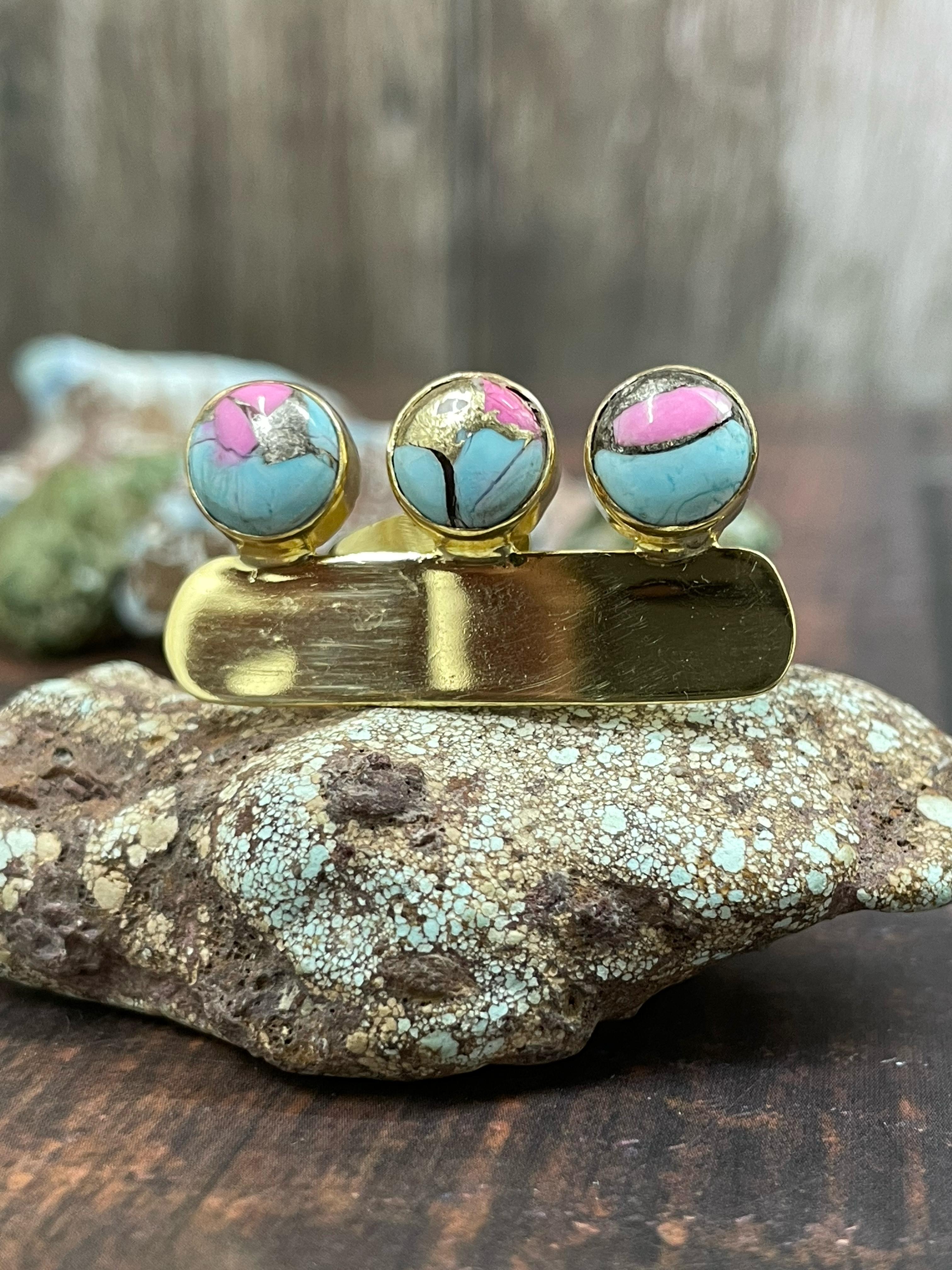 “The Golden Collection” Handmade Gold Plated Cotton Candy 3 Stone Adjustable Bar Ring