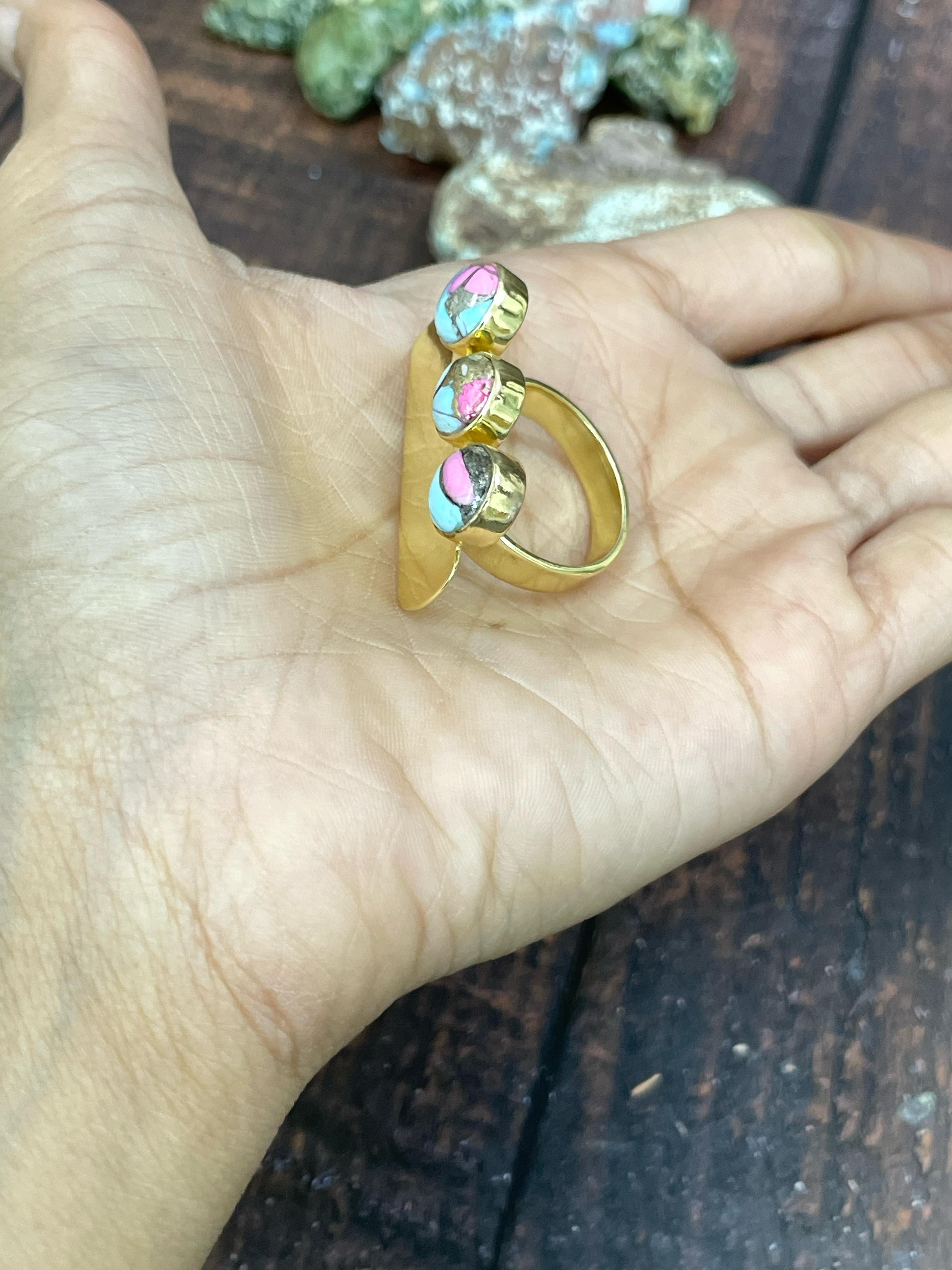 “The Golden Collection” Handmade Gold Plated Cotton Candy 3 Stone Adjustable Bar Ring