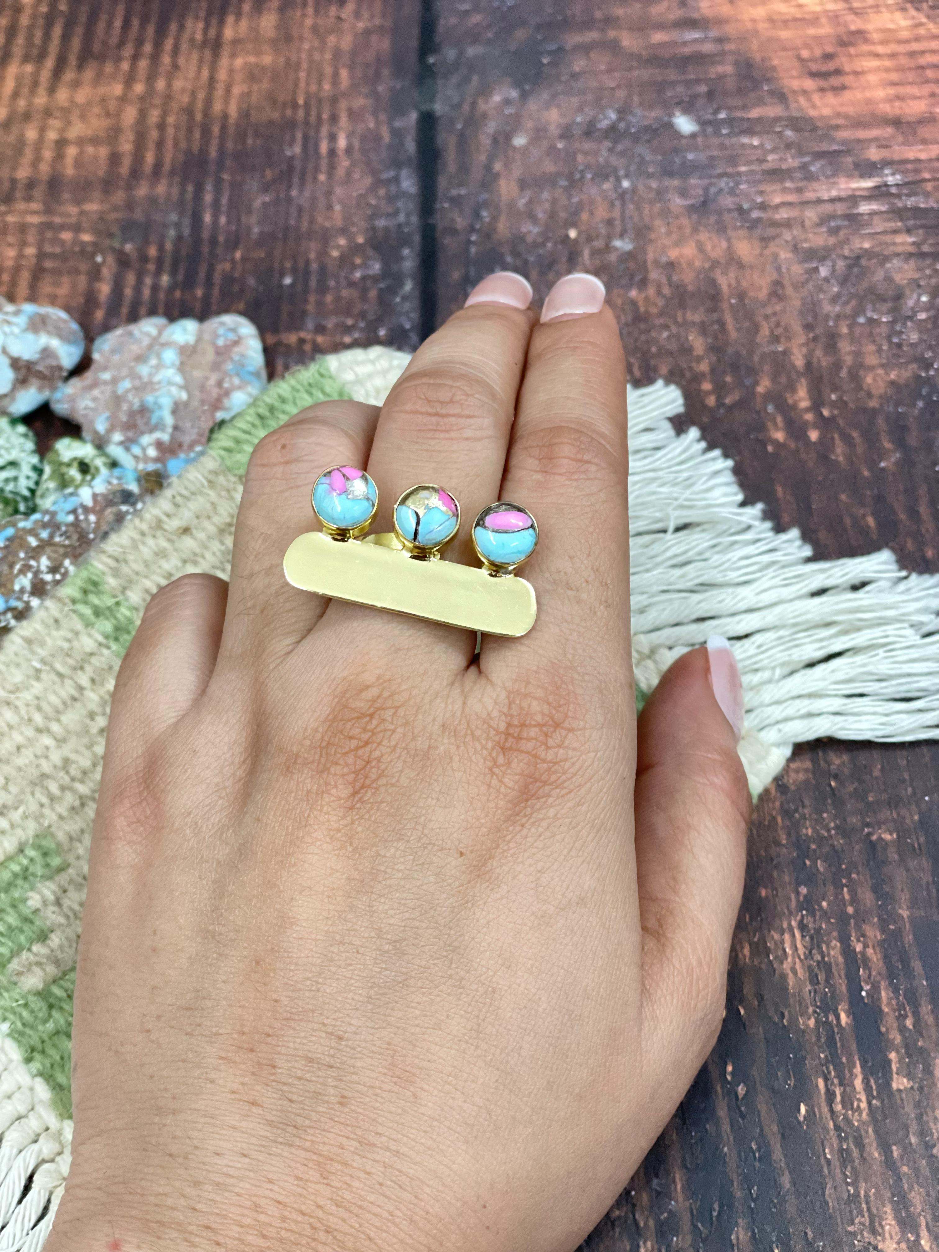 “The Golden Collection” Handmade Gold Plated Cotton Candy 3 Stone Adjustable Bar Ring