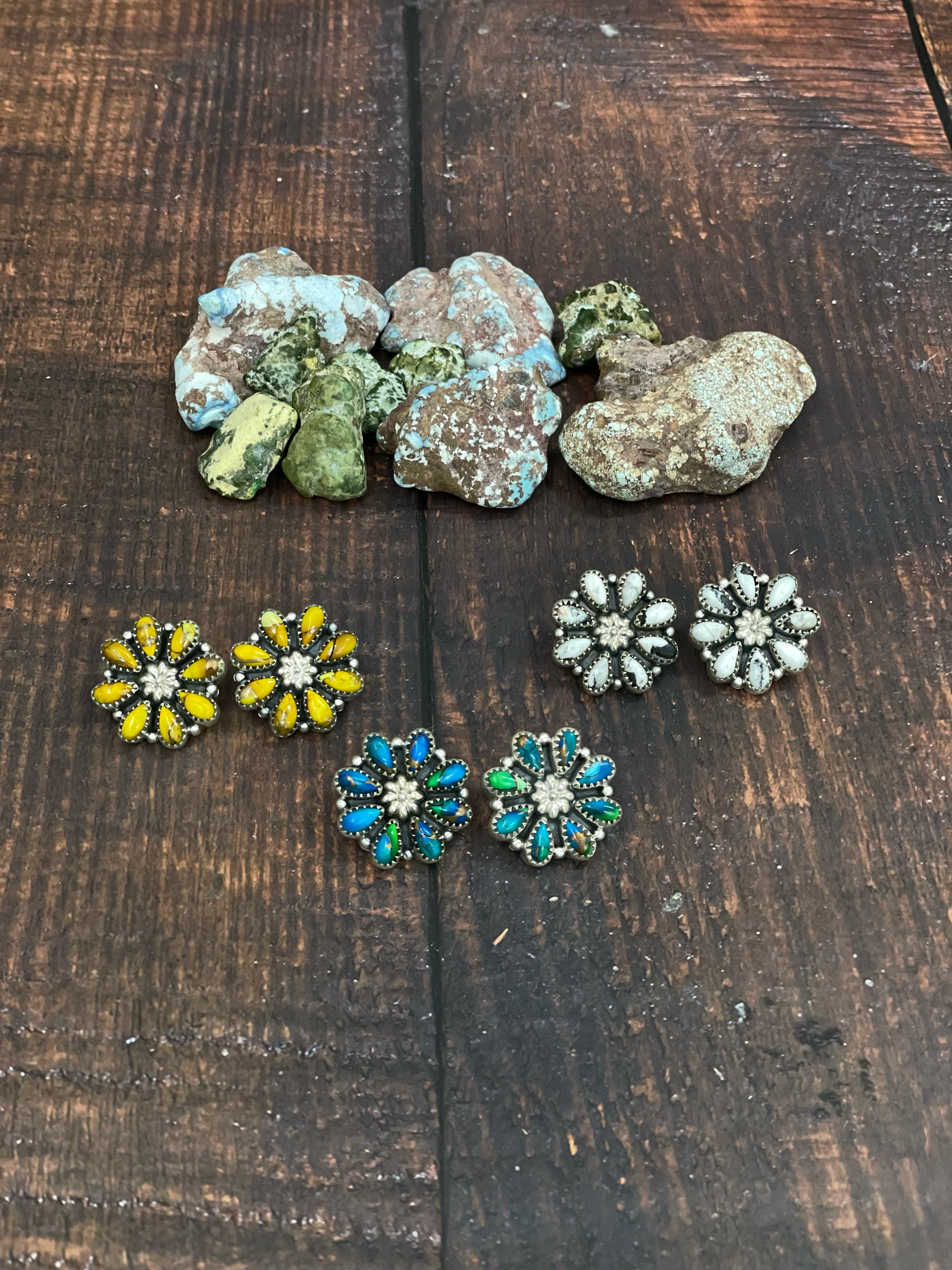 Handmade Sterling Silver White Buffalo, Honey Dahlia, Peacock Dahlia Flower Earrings with Signed Nizhoni