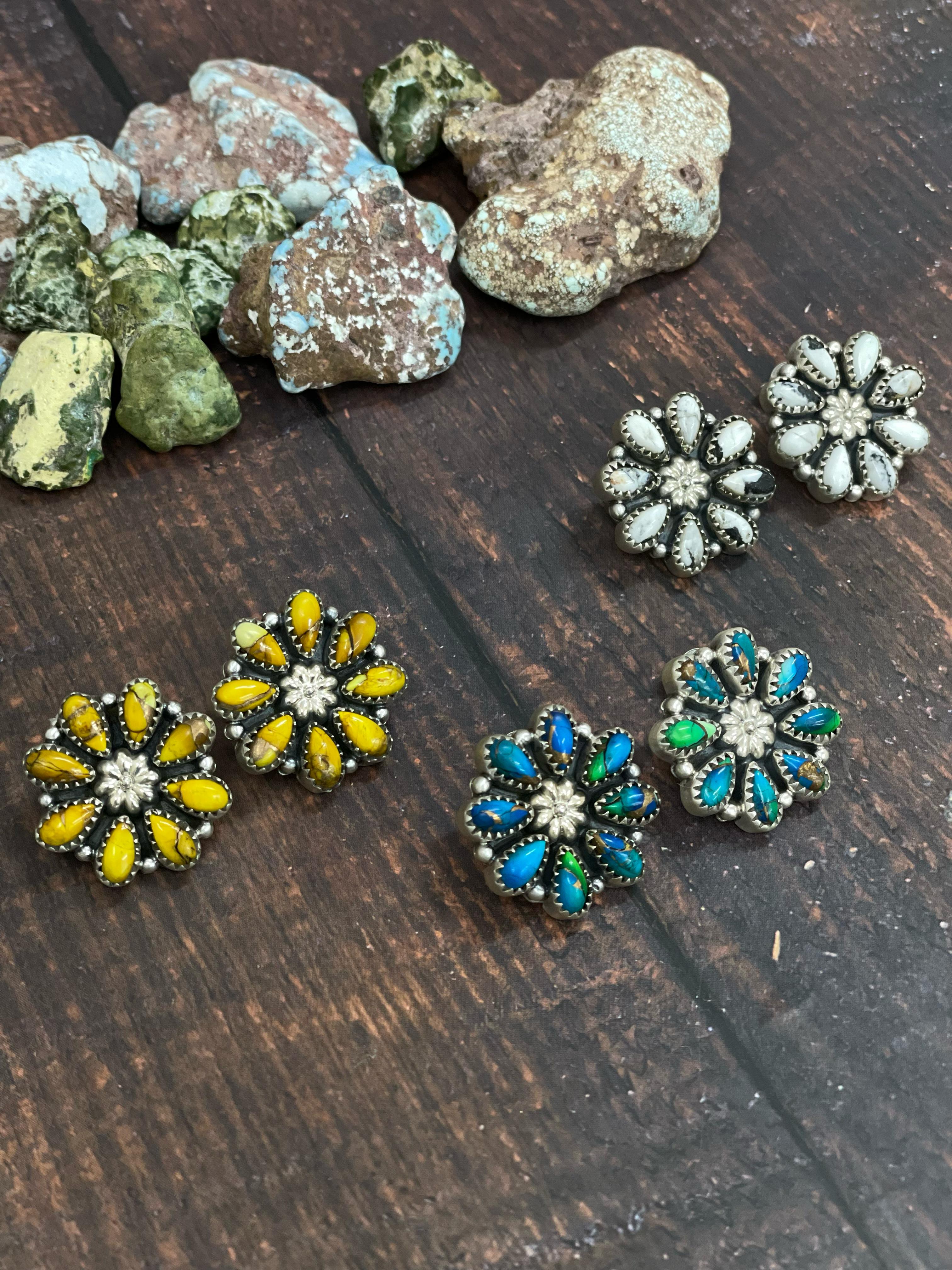 Handmade Sterling Silver White Buffalo, Honey Dahlia, Peacock Dahlia Flower Earrings with Signed Nizhoni