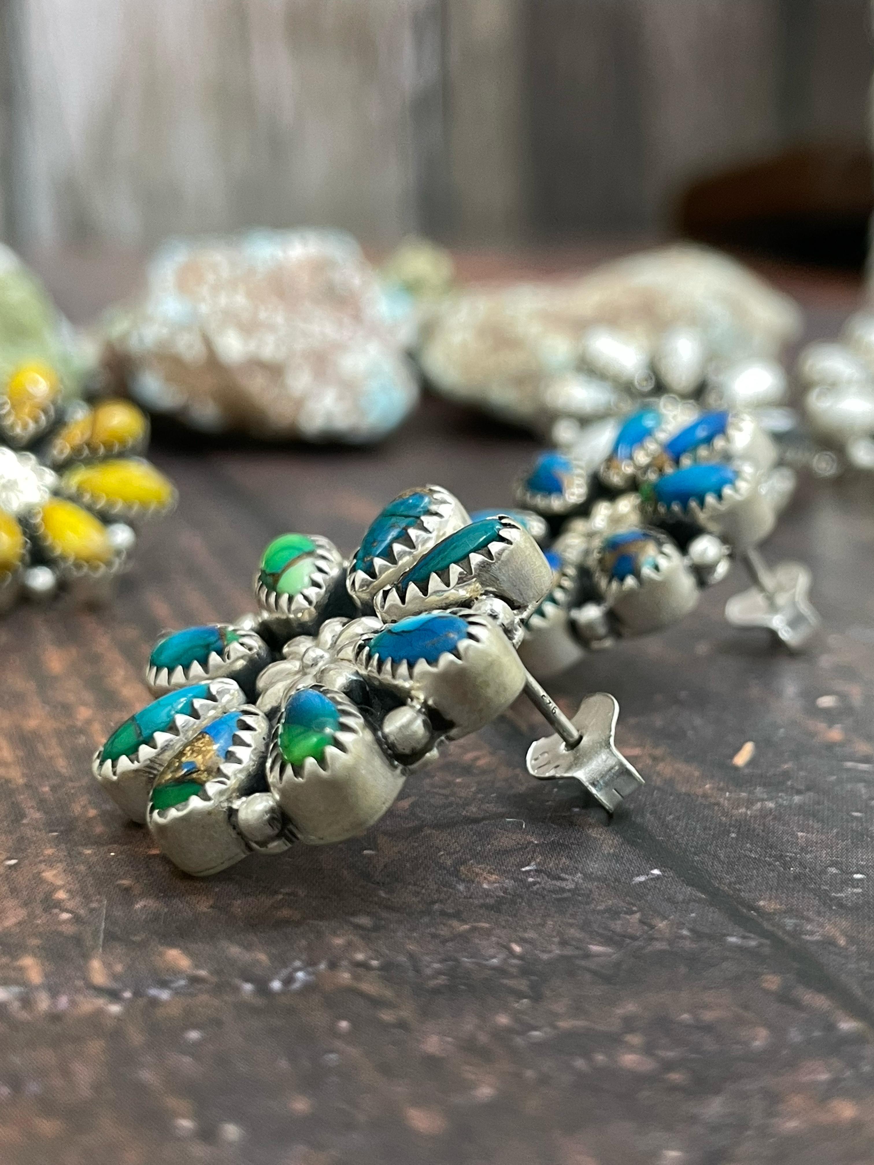 Handmade Sterling Silver White Buffalo, Honey Dahlia, Peacock Dahlia Flower Earrings with Signed Nizhoni