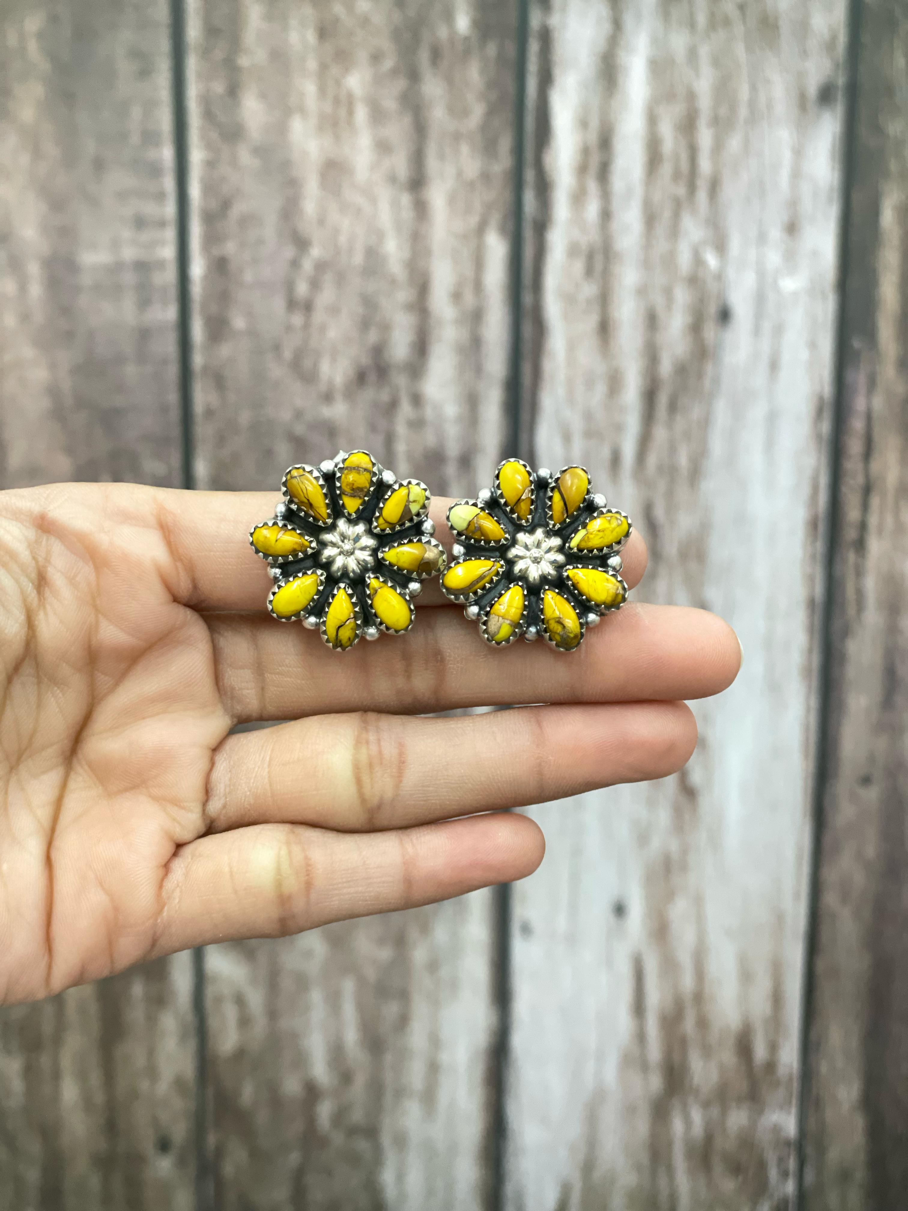 Handmade Sterling Silver White Buffalo, Honey Dahlia, Peacock Dahlia Flower Earrings with Signed Nizhoni