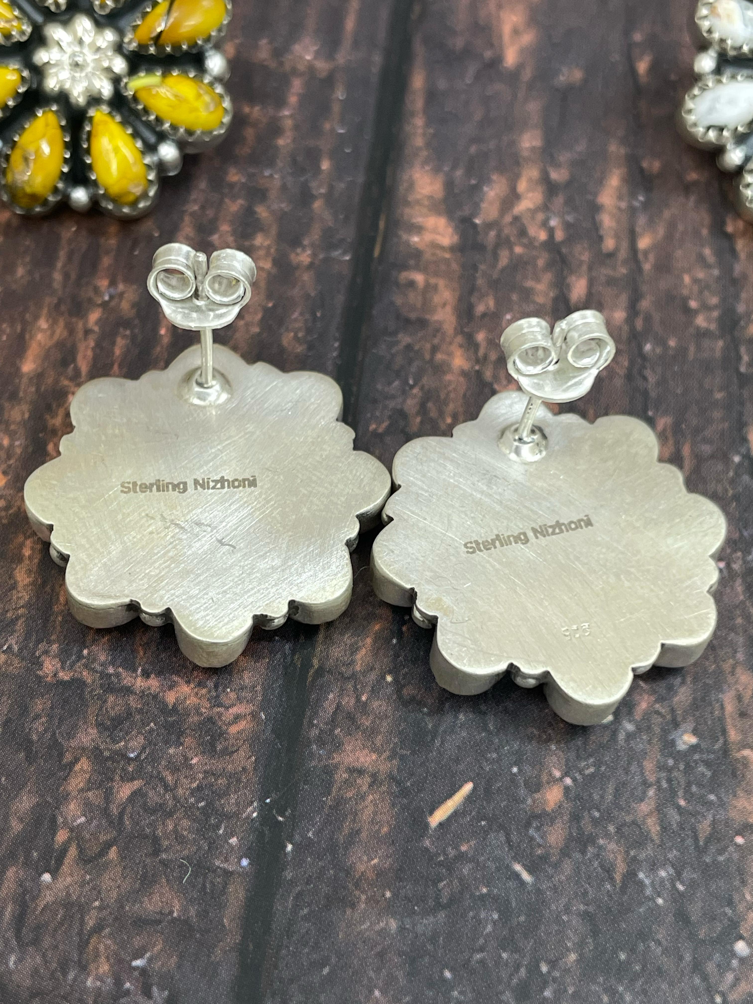 Handmade Sterling Silver White Buffalo, Honey Dahlia, Peacock Dahlia Flower Earrings with Signed Nizhoni