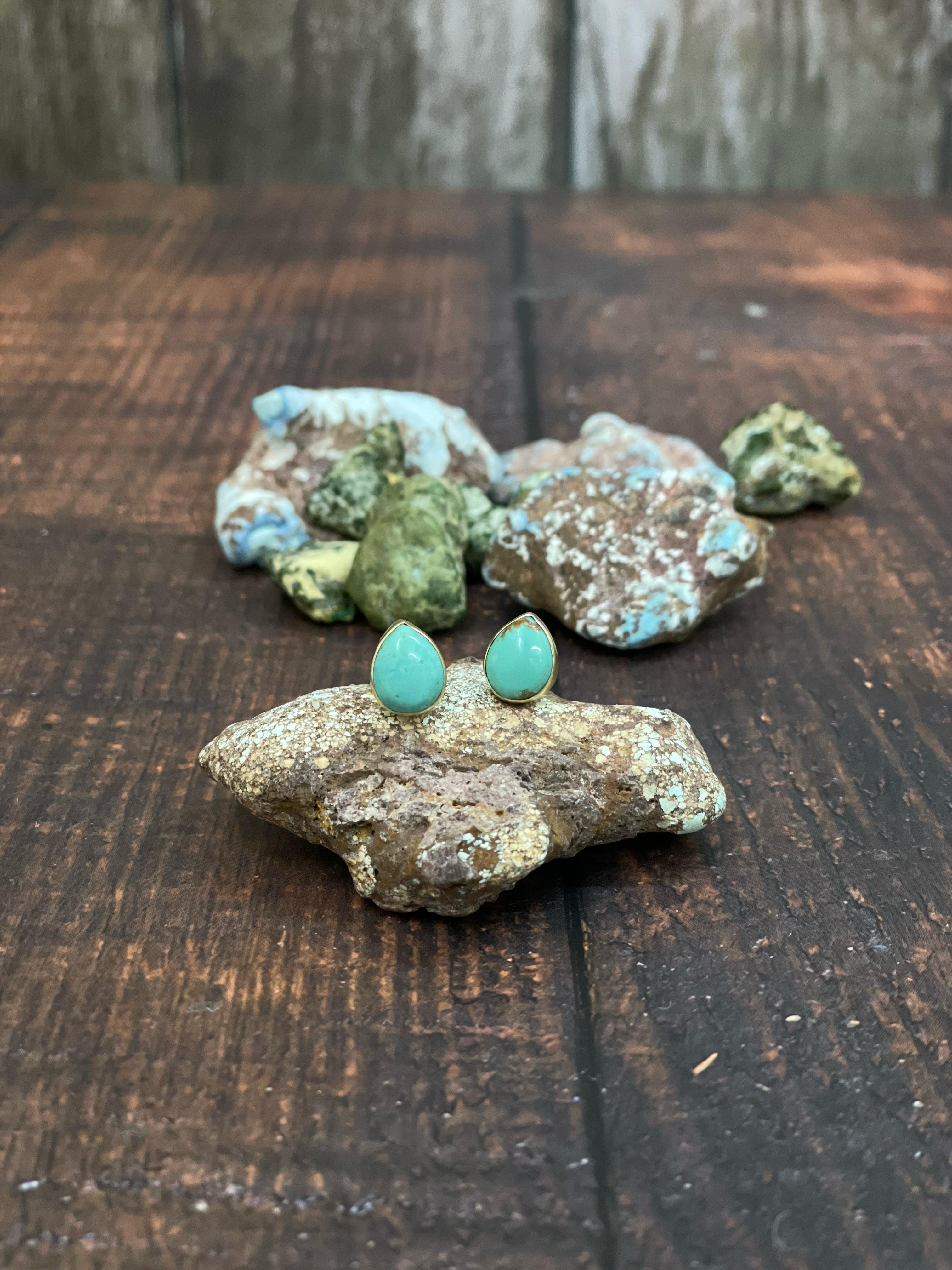 “The Golden Collection” Handmade Natural Kingman Turquoise Teardrop Stud Earrings