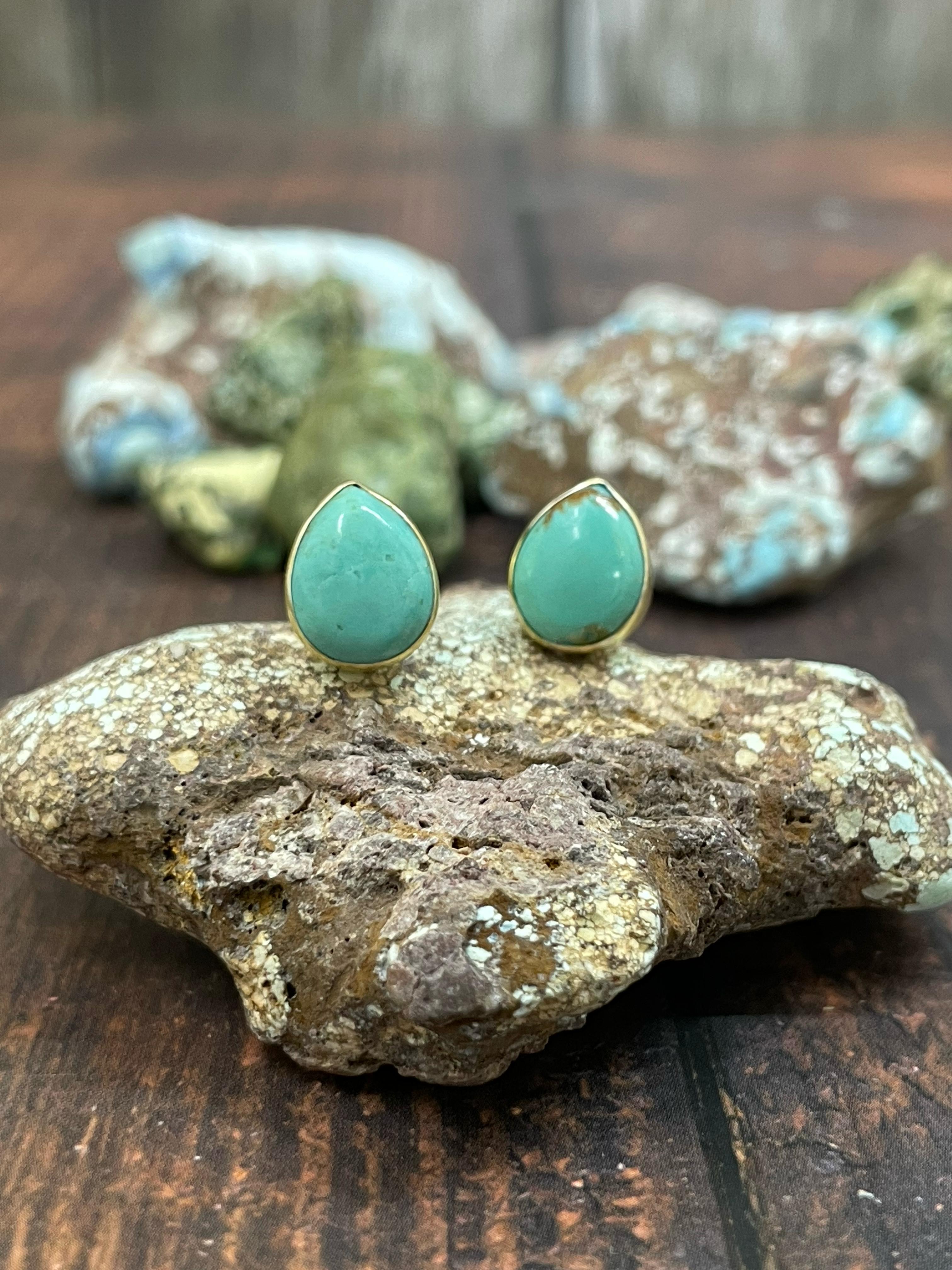 “The Golden Collection” Handmade Natural Kingman Turquoise Teardrop Stud Earrings