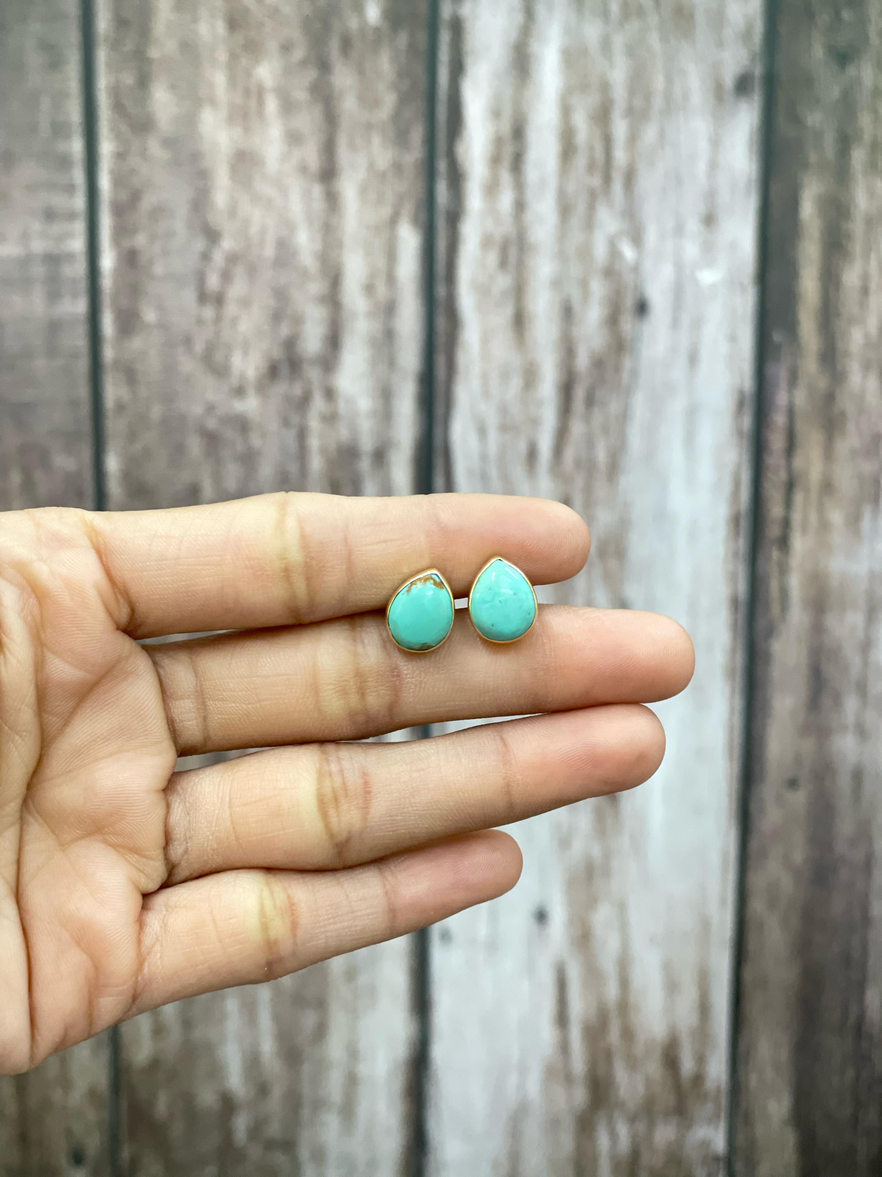 “The Golden Collection” Handmade Natural Kingman Turquoise Teardrop Stud Earrings