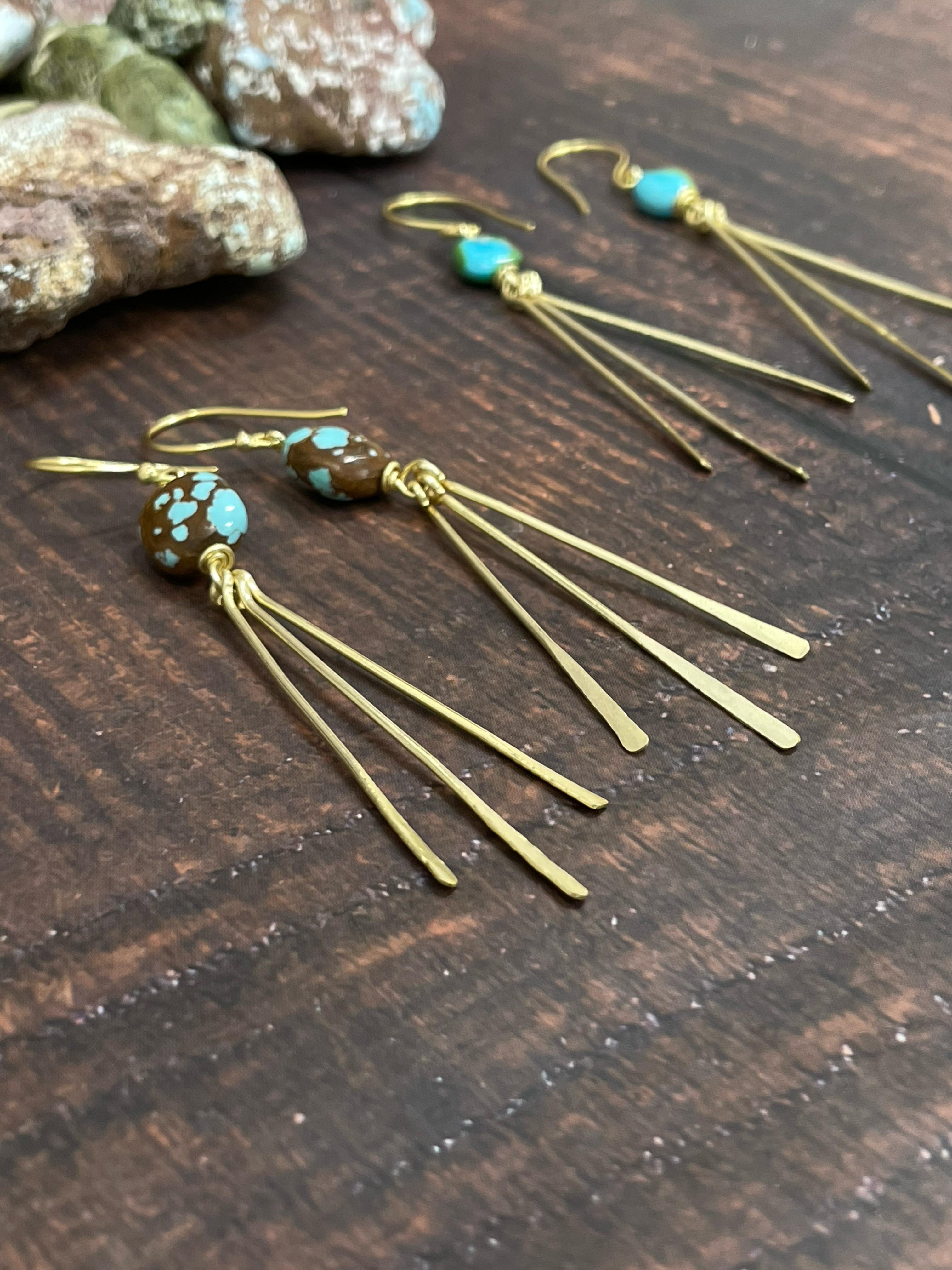 “The Golden Collection” Handmade Natural Gold Plated Sonoran Mountain, Number 8 Turquoise Dangle Fringe Earrings