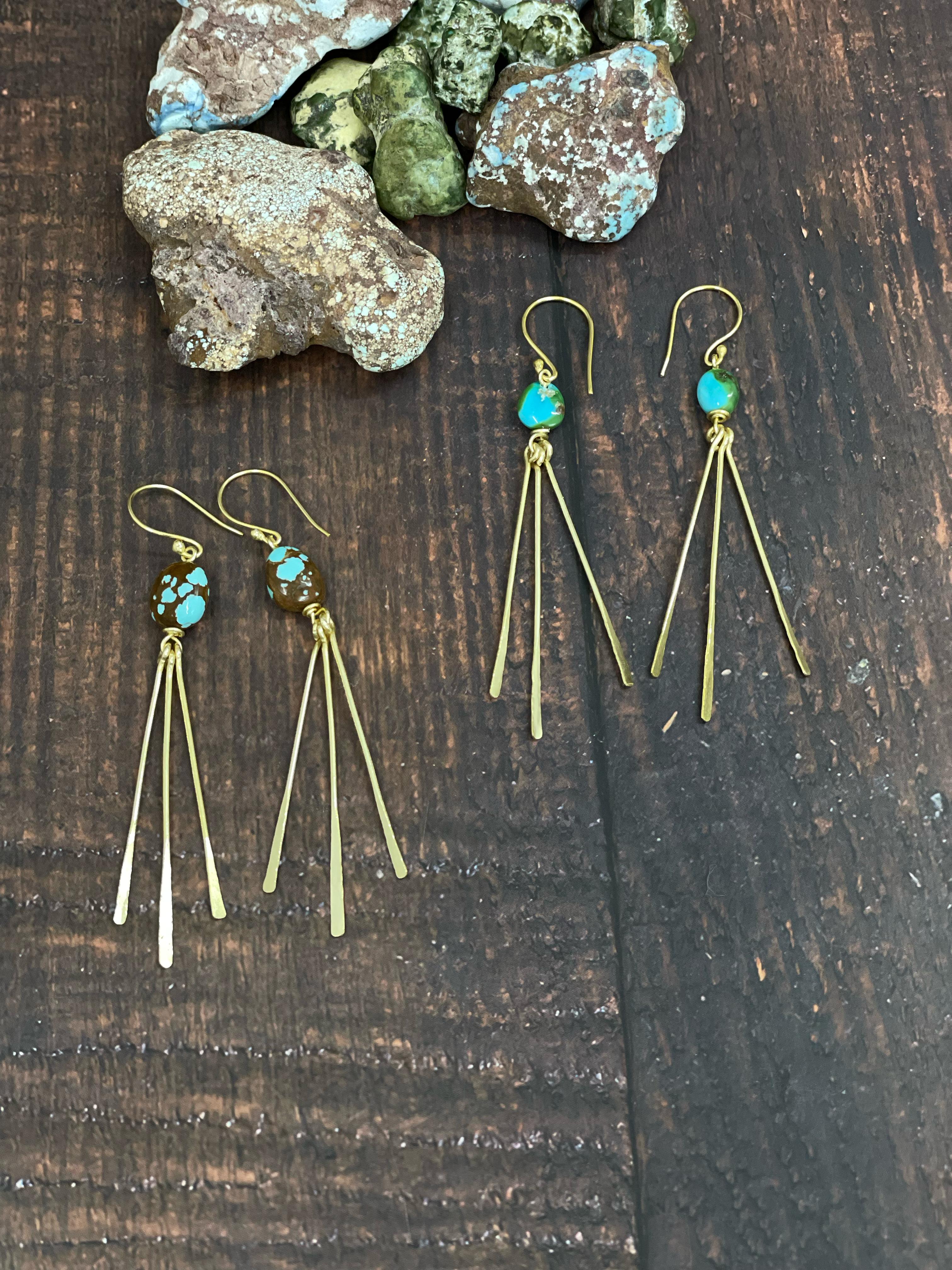“The Golden Collection” Handmade Natural Gold Plated Sonoran Mountain, Number 8 Turquoise Dangle Fringe Earrings