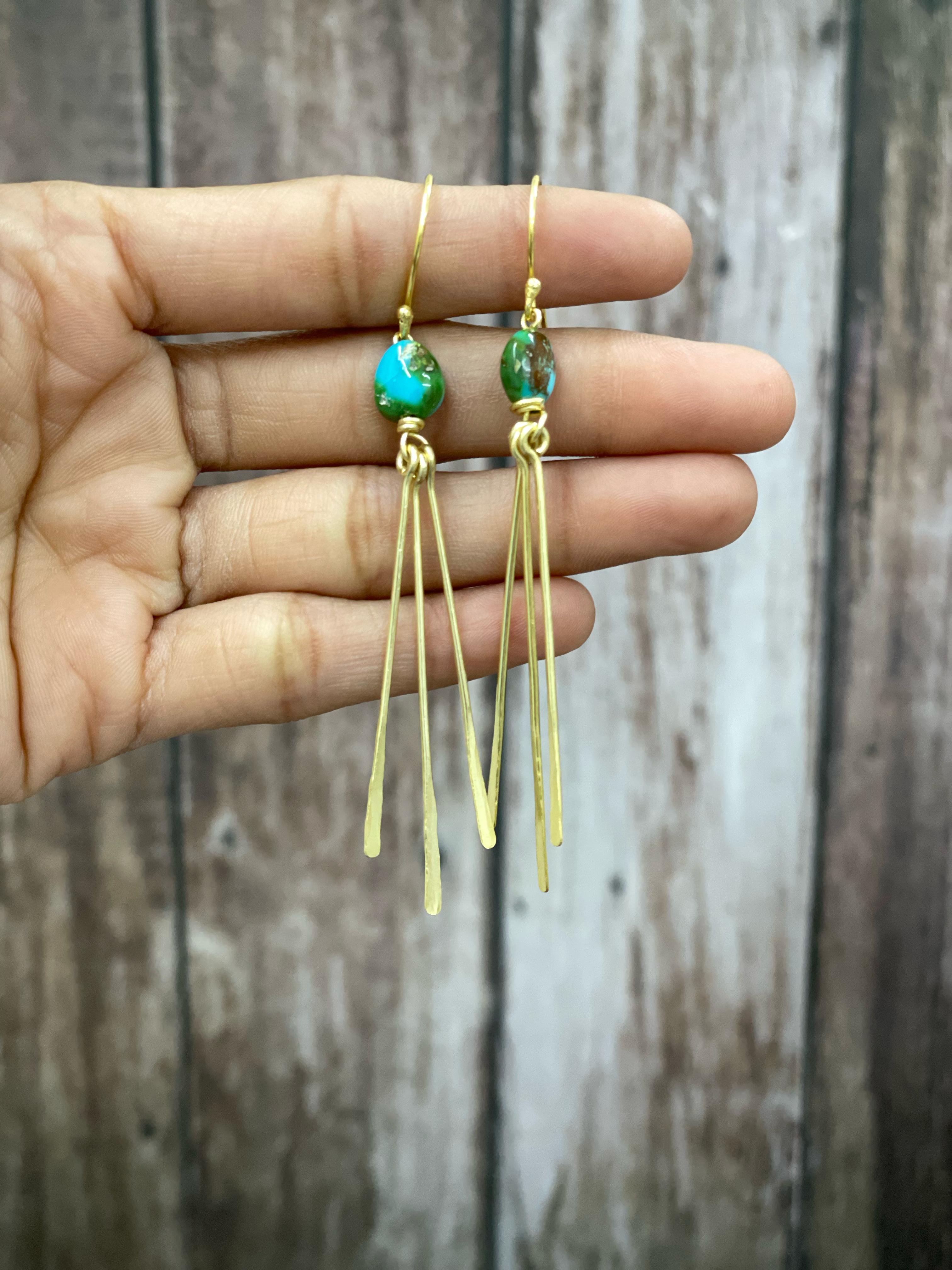 “The Golden Collection” Handmade Natural Gold Plated Sonoran Mountain, Number 8 Turquoise Dangle Fringe Earrings