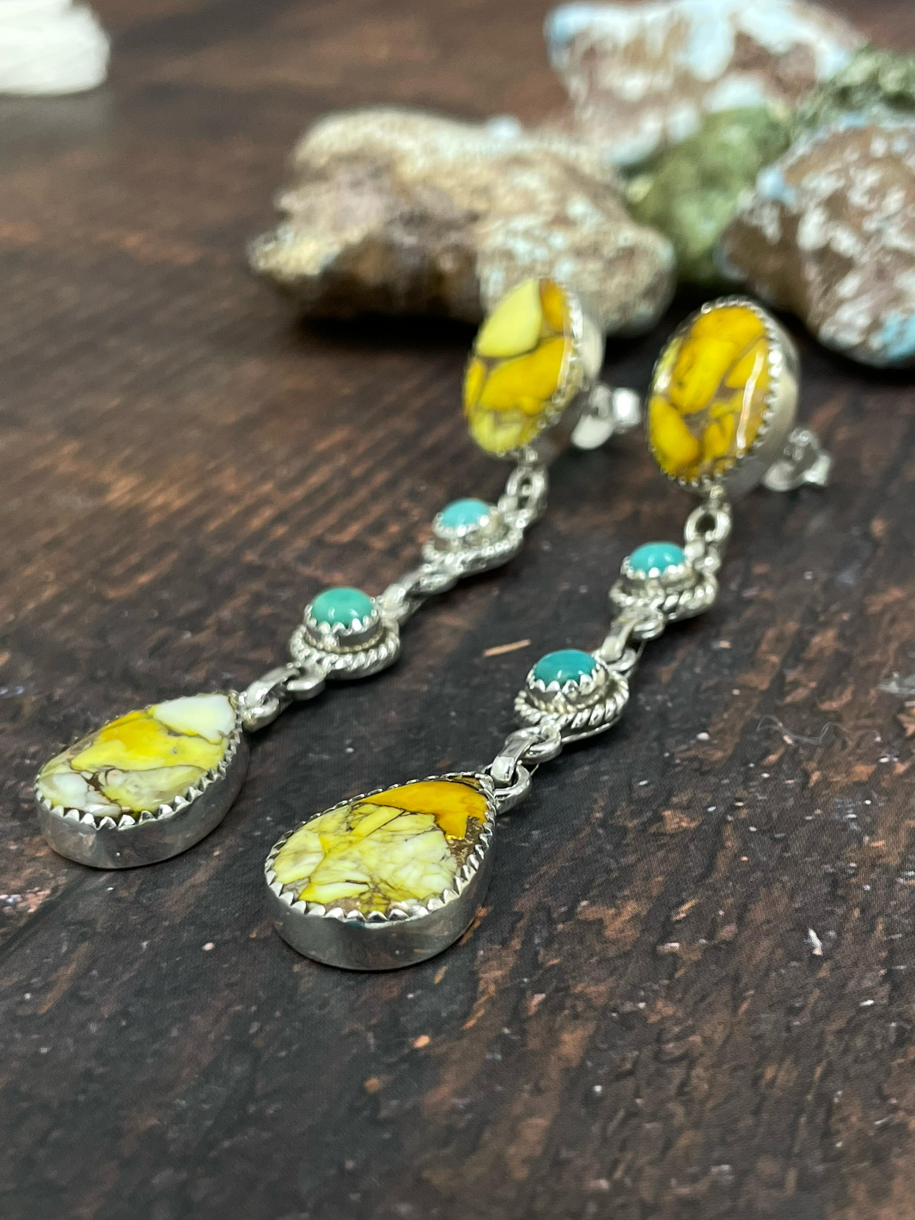 Handmade Sterling Silver Honey Dahlia with Turquoise Dangle Earrings, Signed Nizhoni