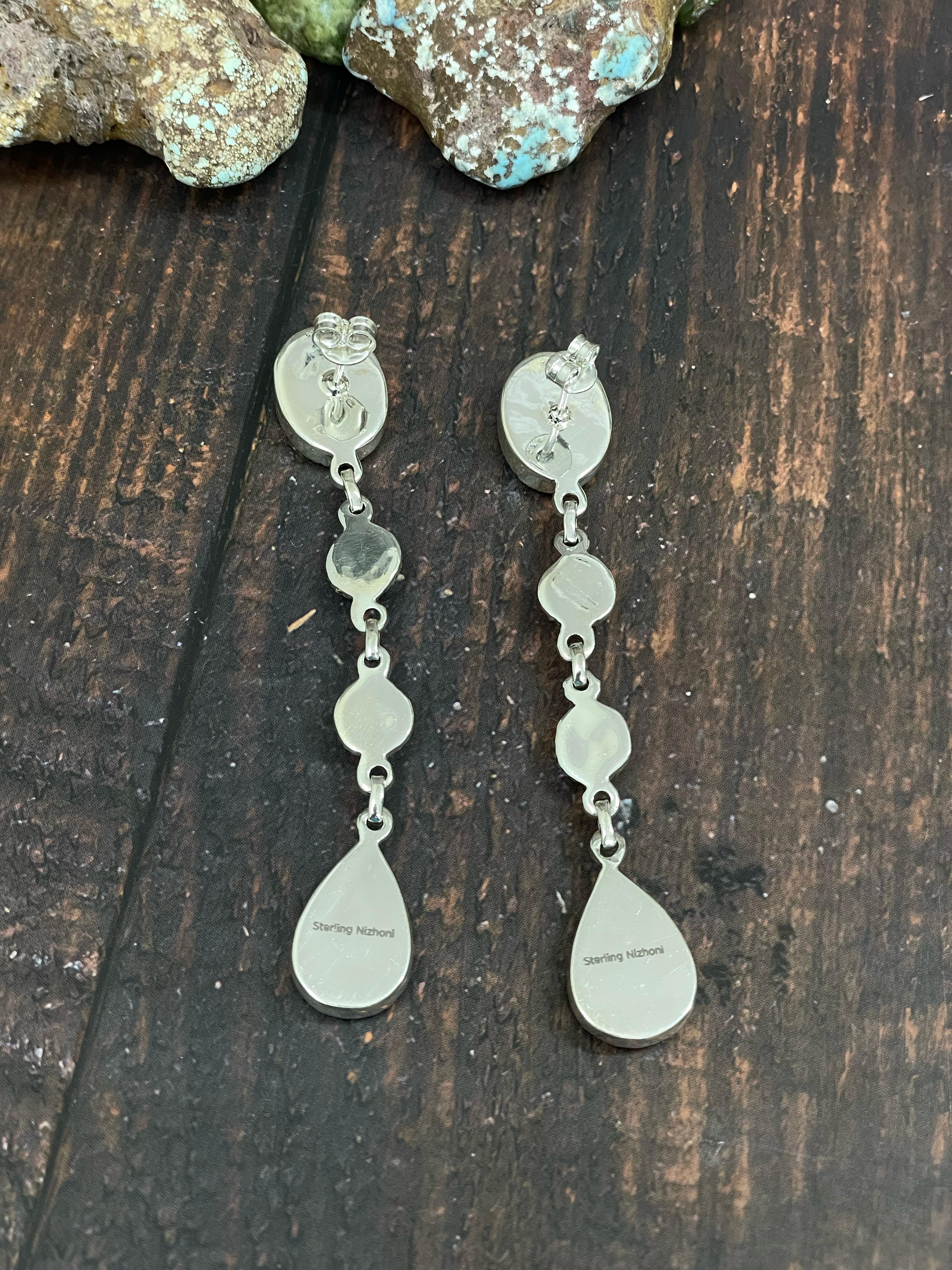 Handmade Sterling Silver Honey Dahlia with Turquoise Dangle Earrings, Signed Nizhoni