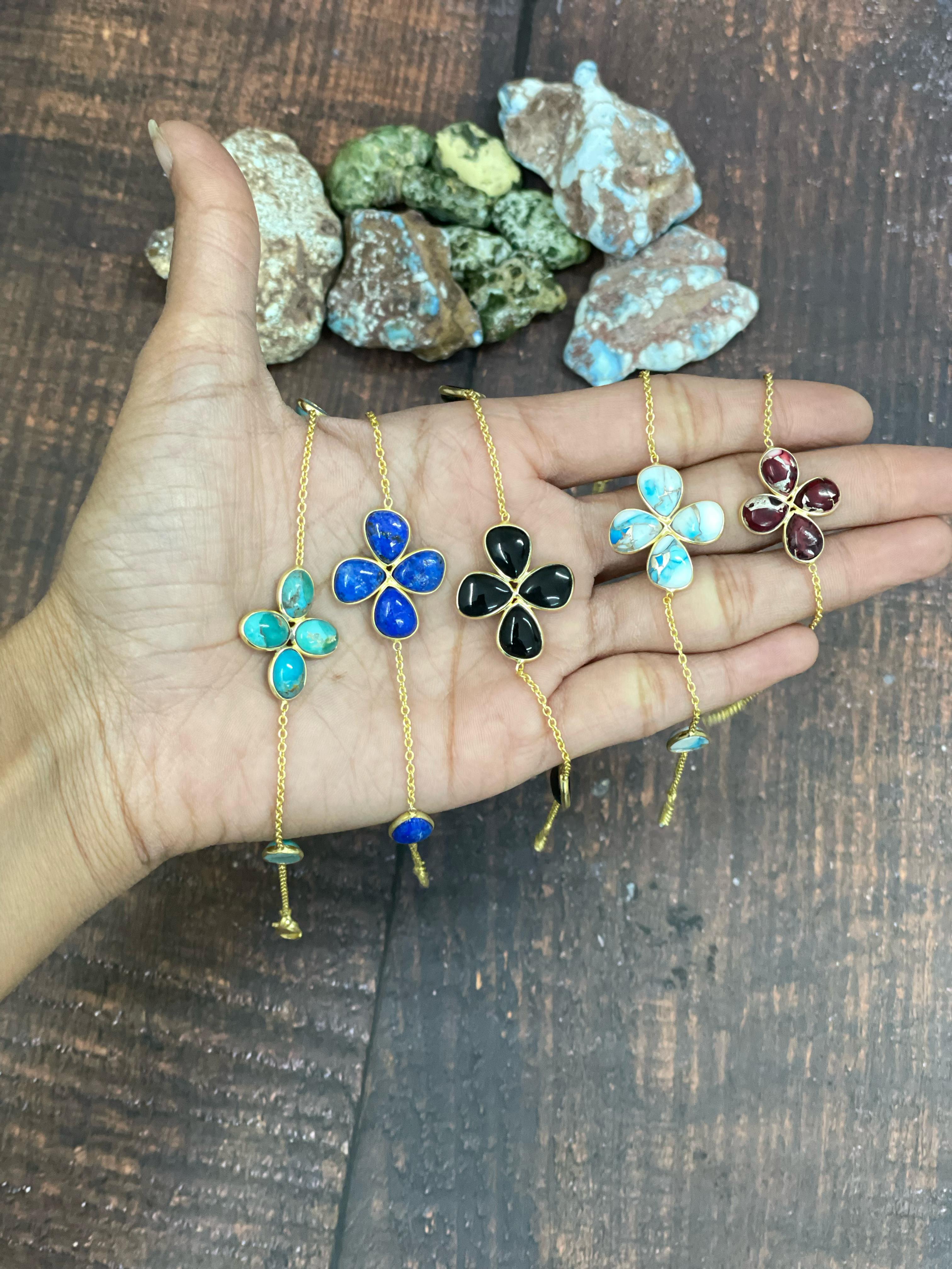 “The Golden Collection” The Lucky One Handmade Natural Gold Plated Multi Stones Chain Bracelet