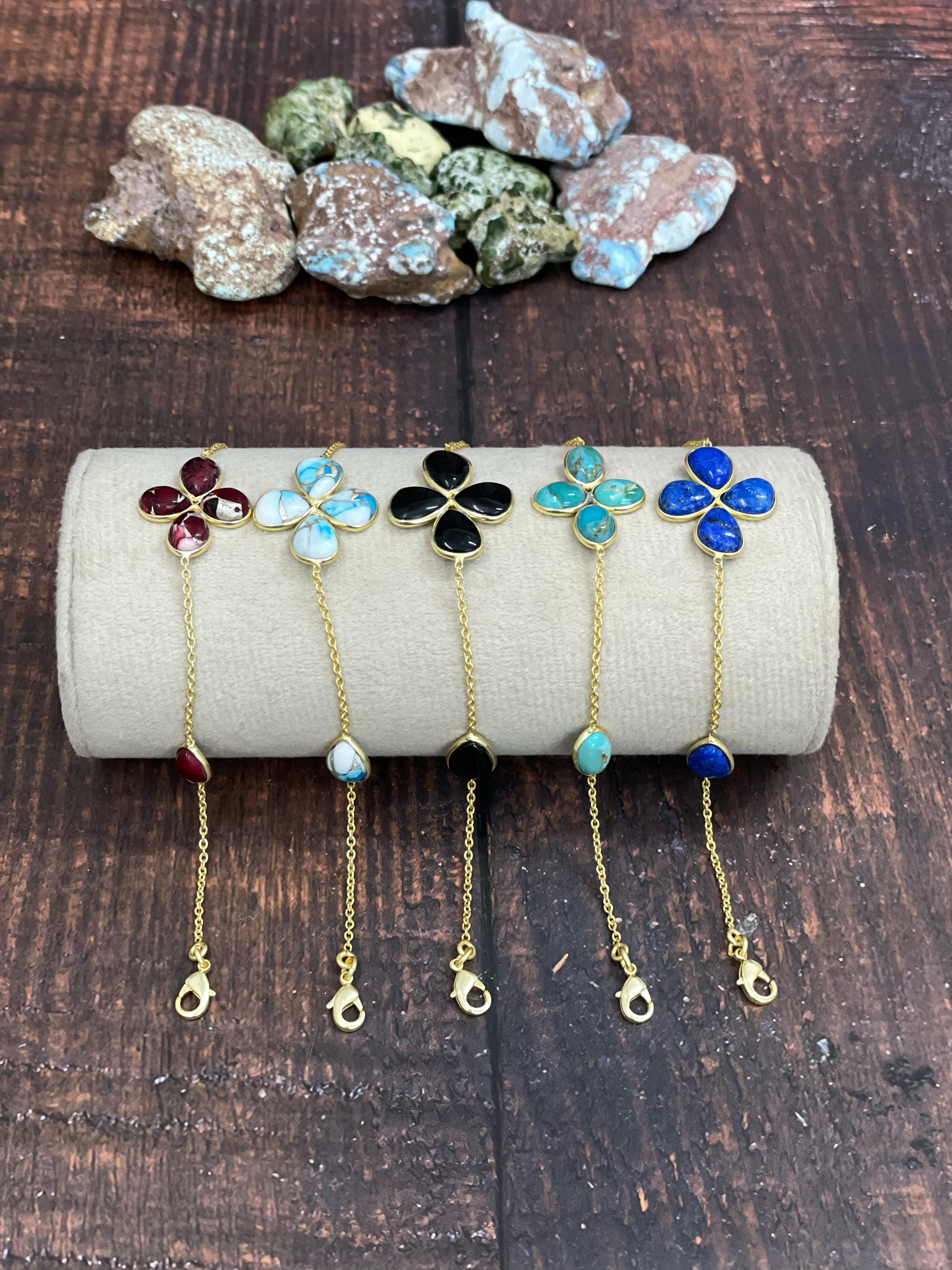 “The Golden Collection” The Lucky One Handmade Natural Gold Plated Multi Stones Chain Bracelet