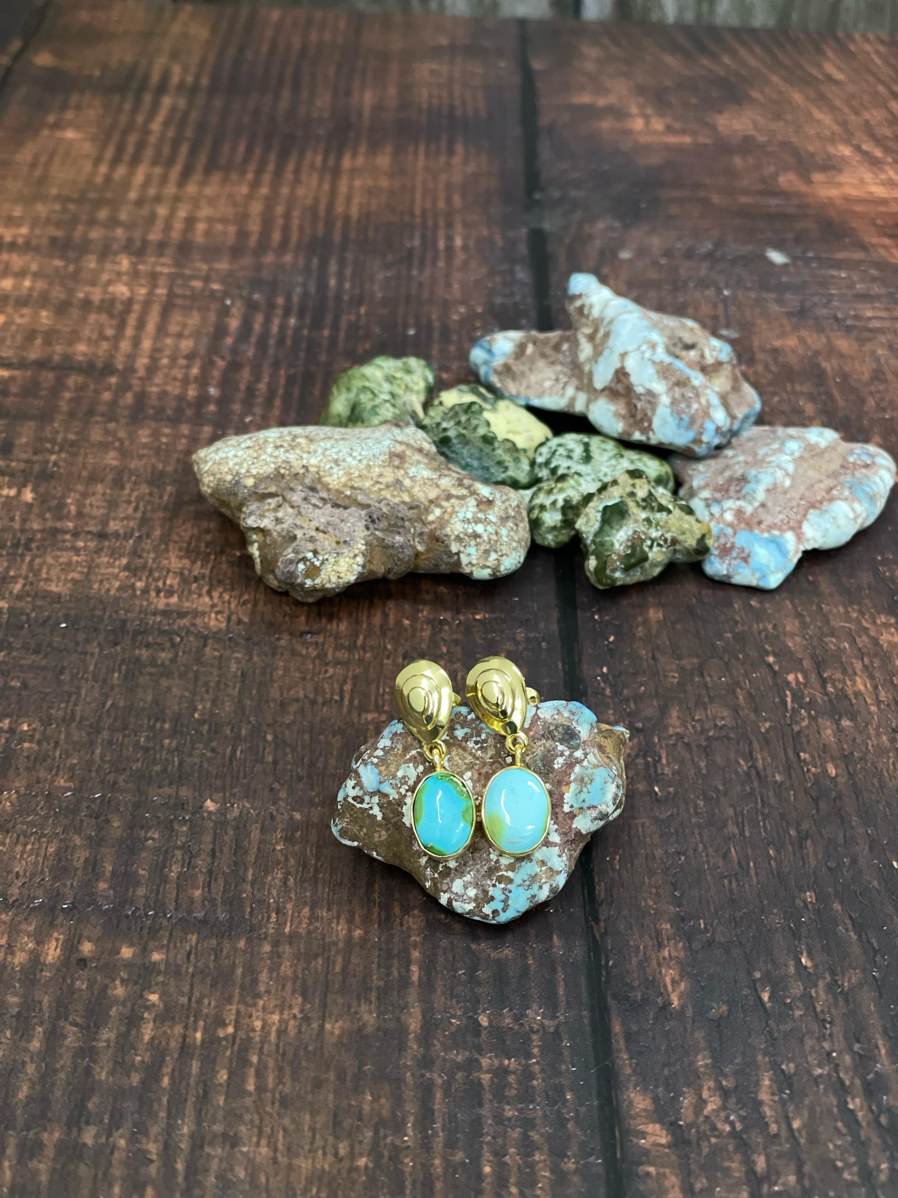 “The Golden Collection” Handmade Natural Gold Plated Sonoran Mountain Turquoise Post Dangle Earrings