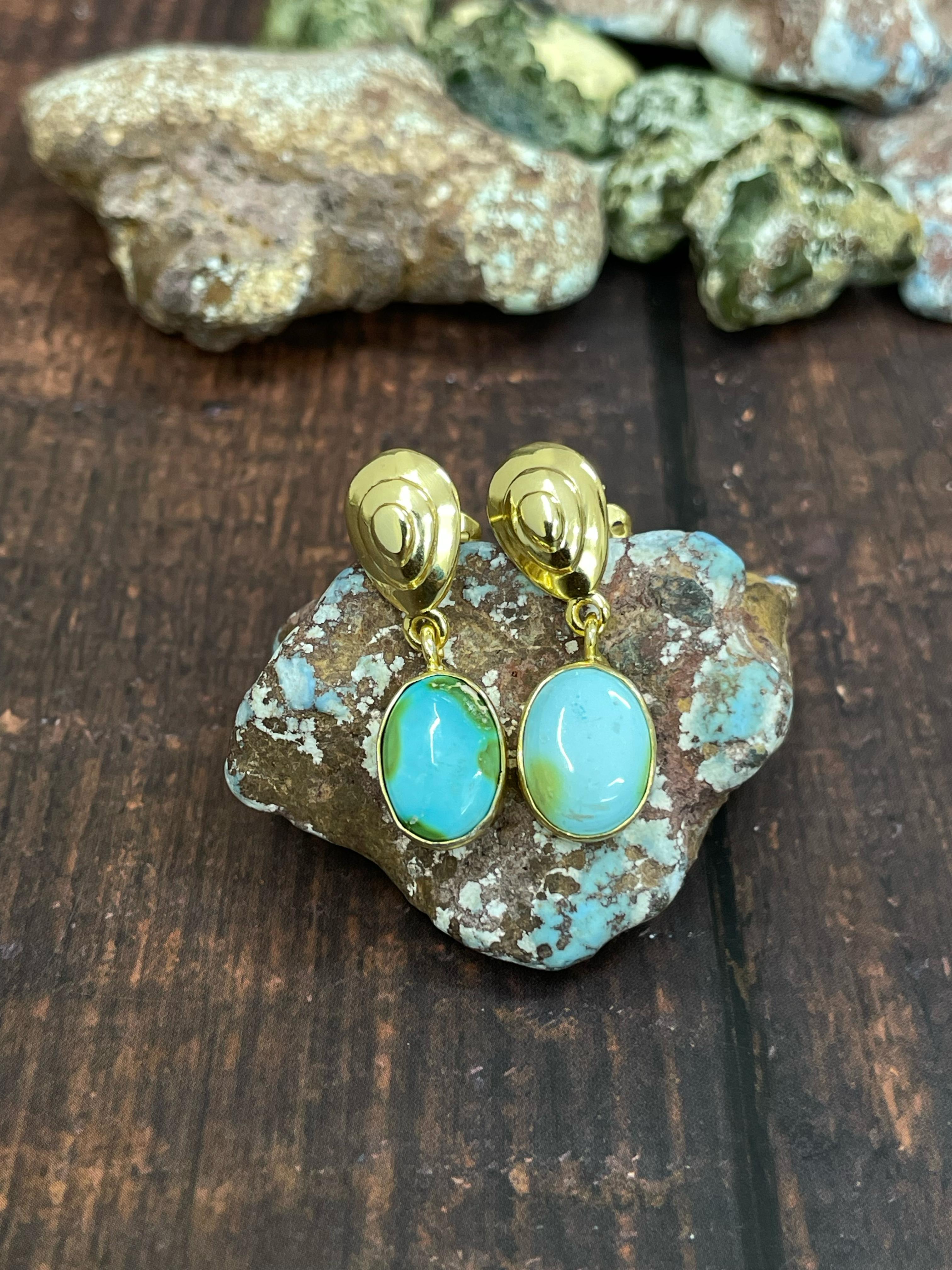 “The Golden Collection” Handmade Natural Gold Plated Sonoran Mountain Turquoise Post Dangle Earrings
