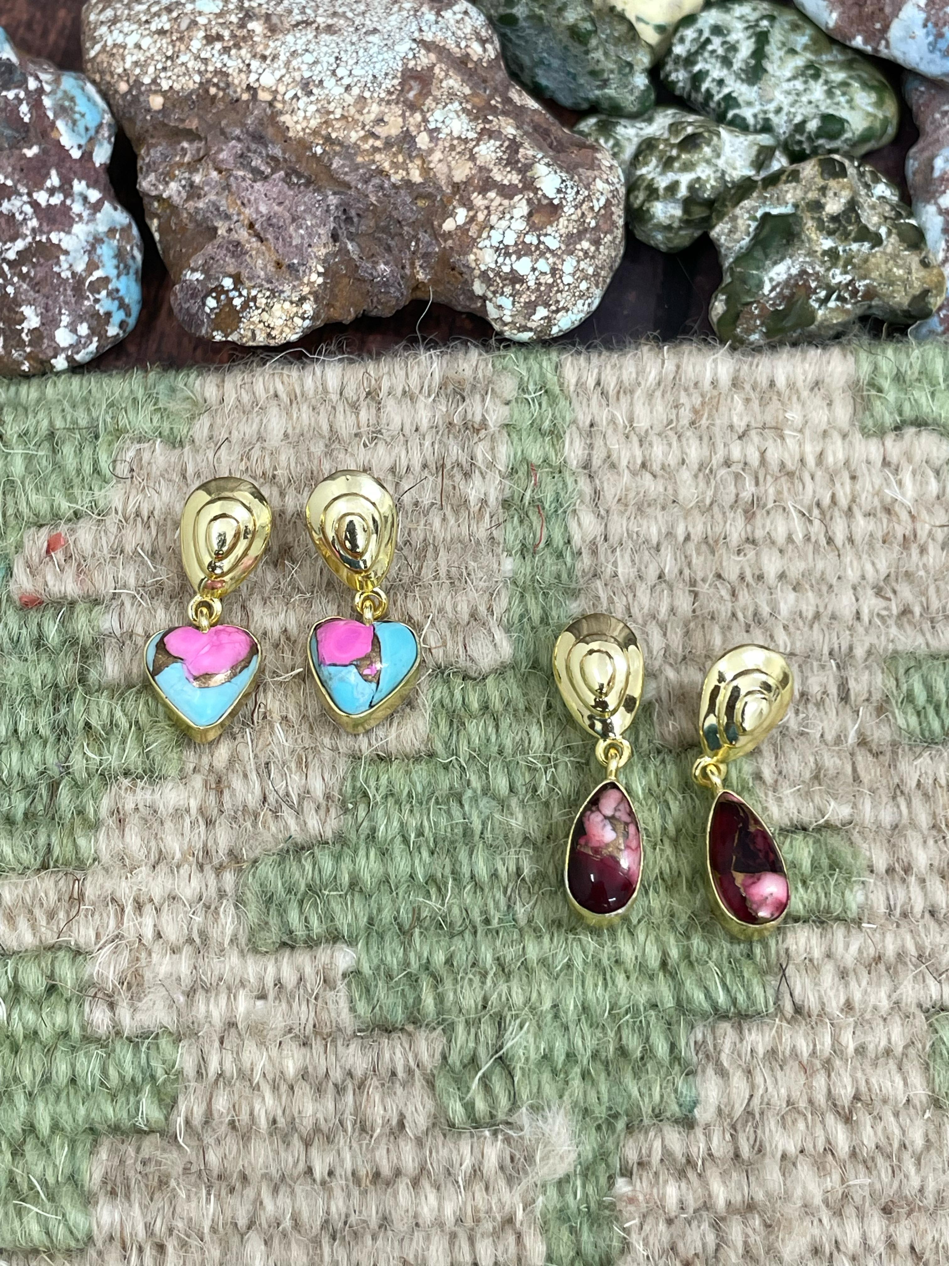 “The Golden Collection” Handmade Natural Gold Plated Dahlia Rose, Cotton Candy Turquoise Dangle Earrings style 2