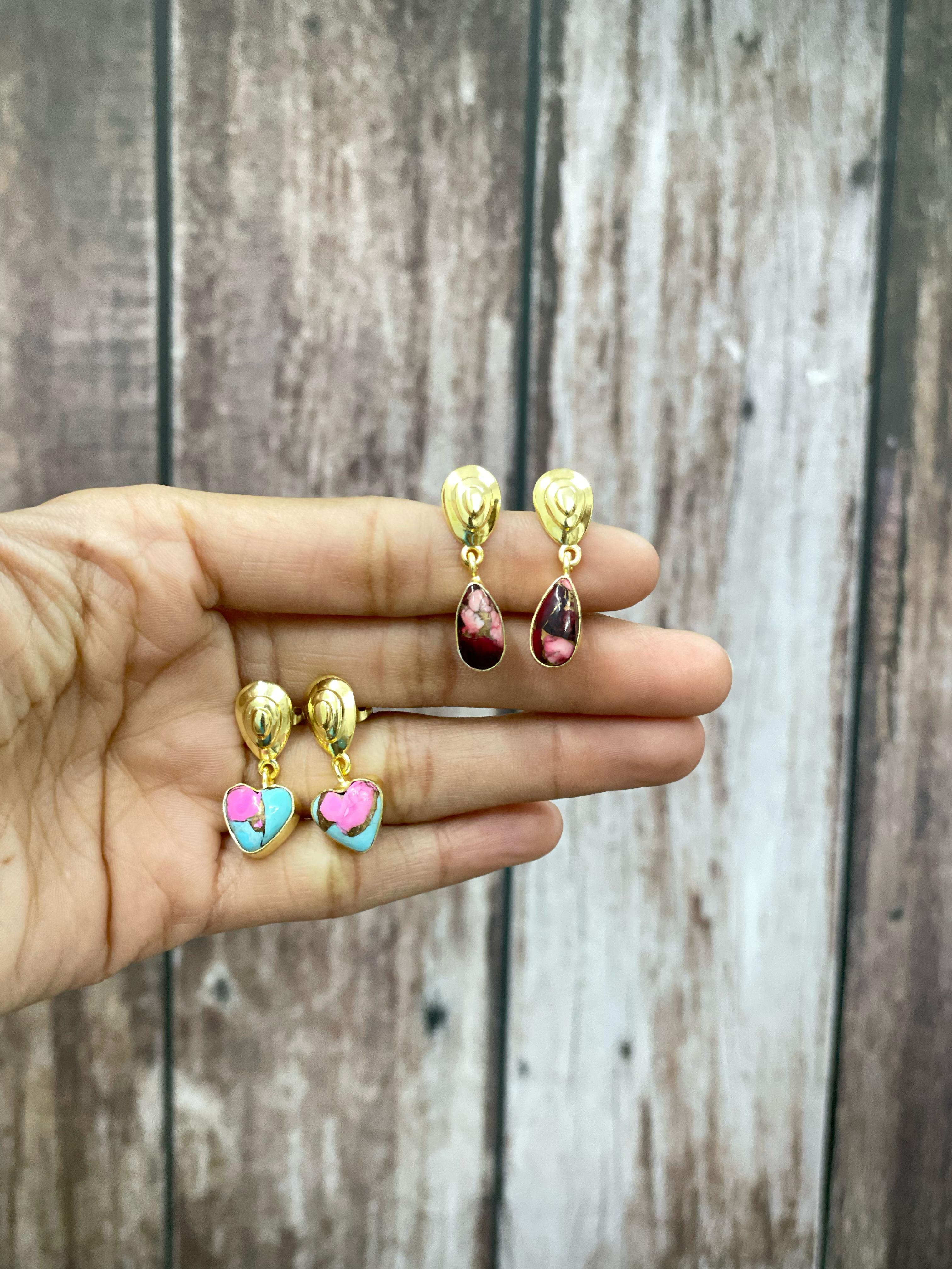 “The Golden Collection” Handmade Natural Gold Plated Dahlia Rose, Cotton Candy Turquoise Dangle Earrings style 2
