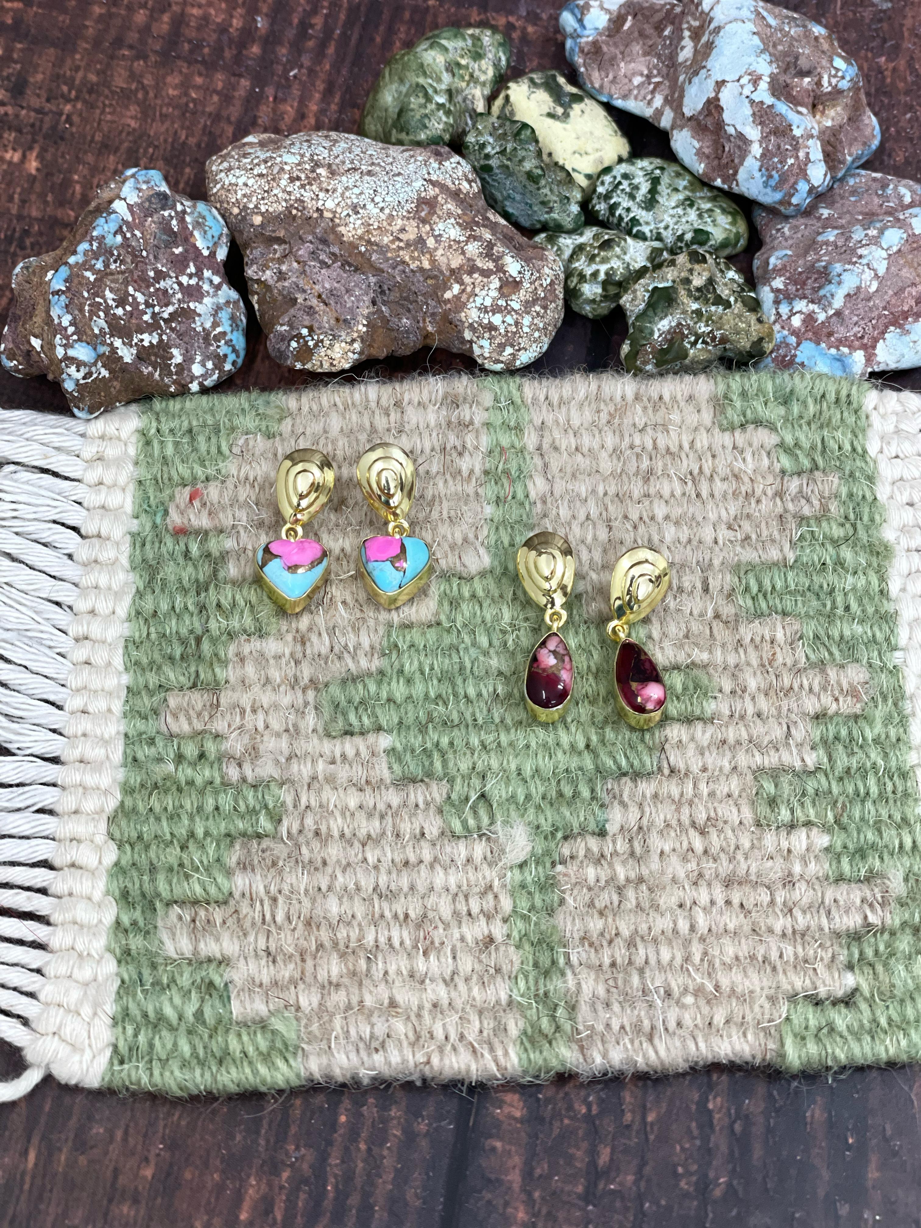 “The Golden Collection” Handmade Natural Gold Plated Dahlia Rose, Cotton Candy Turquoise Dangle Earrings style 2