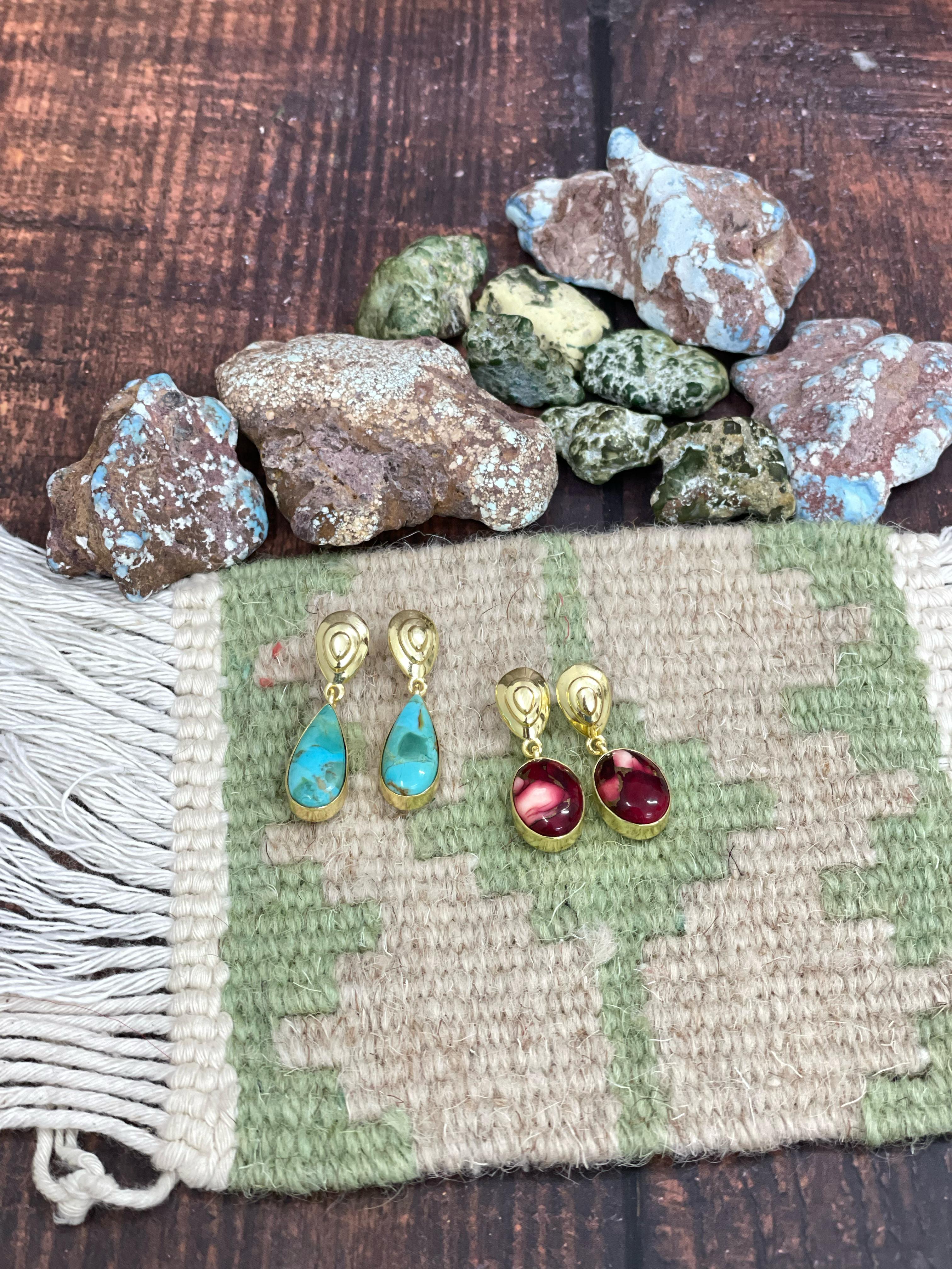 “The Golden Collection” Handmade Natural Gold Plated Dahlia Rose, Kingman Turquoise Single Stone Post Dangle Earrings