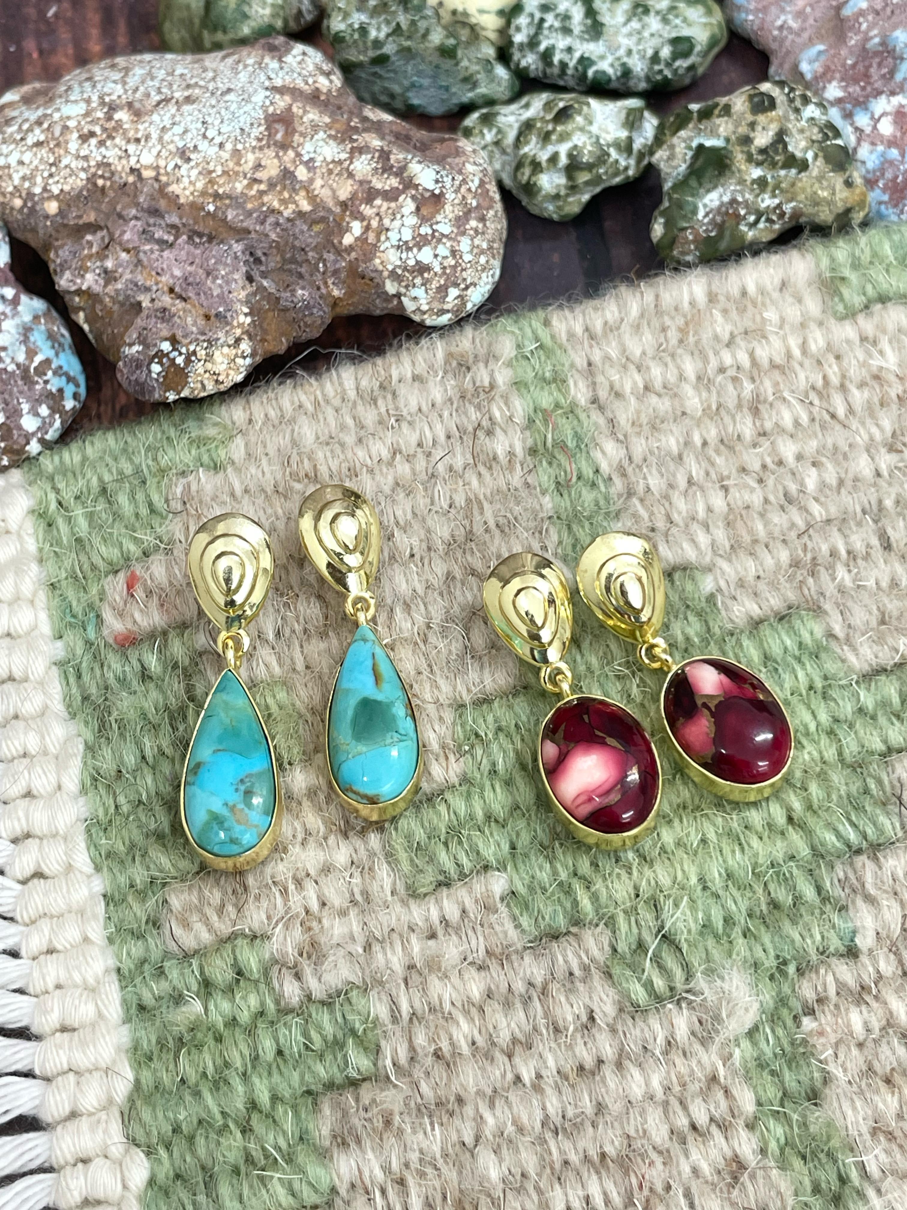 “The Golden Collection” Handmade Natural Gold Plated Dahlia Rose, Kingman Turquoise Single Stone Post Dangle Earrings