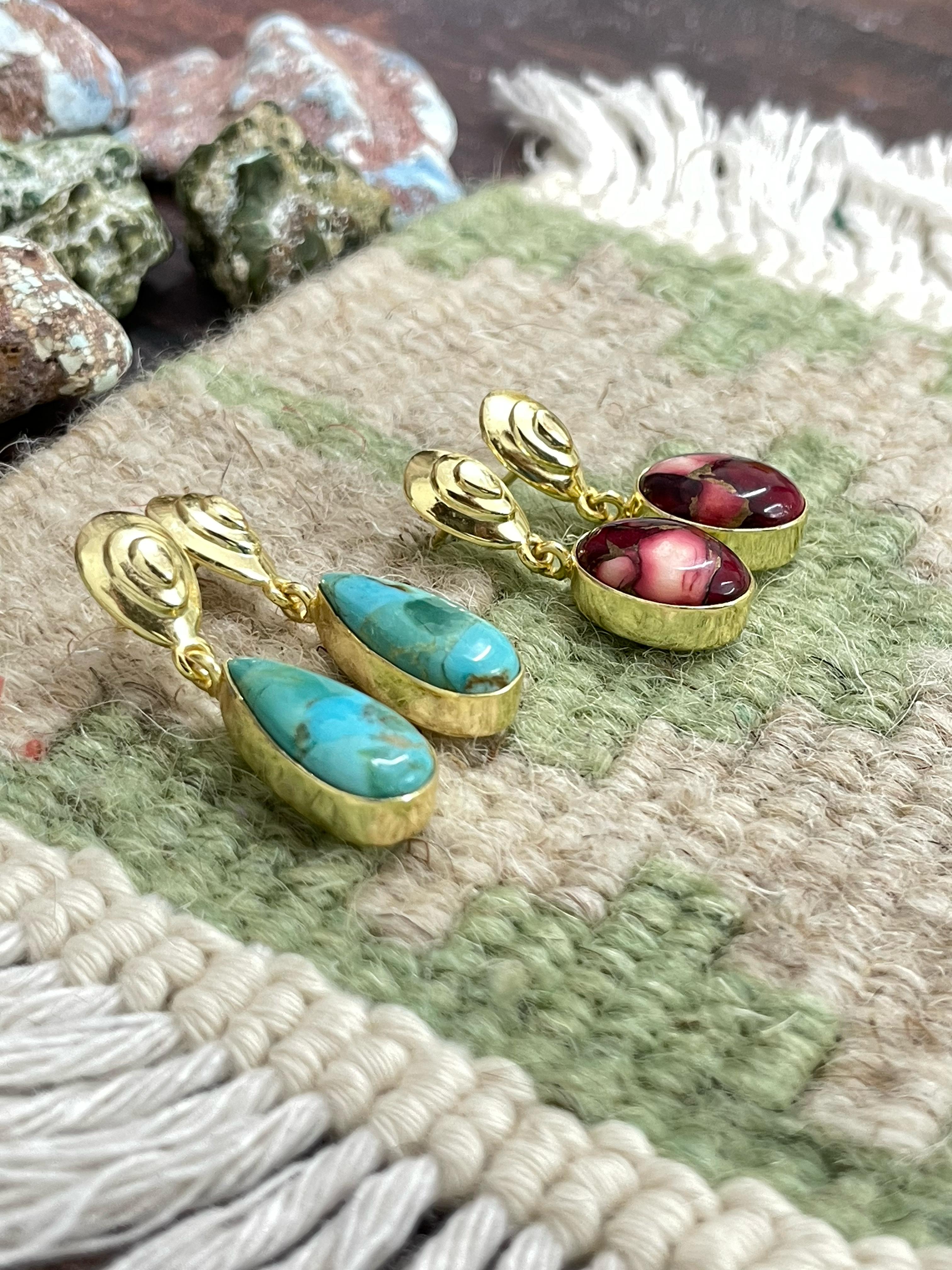 “The Golden Collection” Handmade Natural Gold Plated Dahlia Rose, Kingman Turquoise Single Stone Post Dangle Earrings