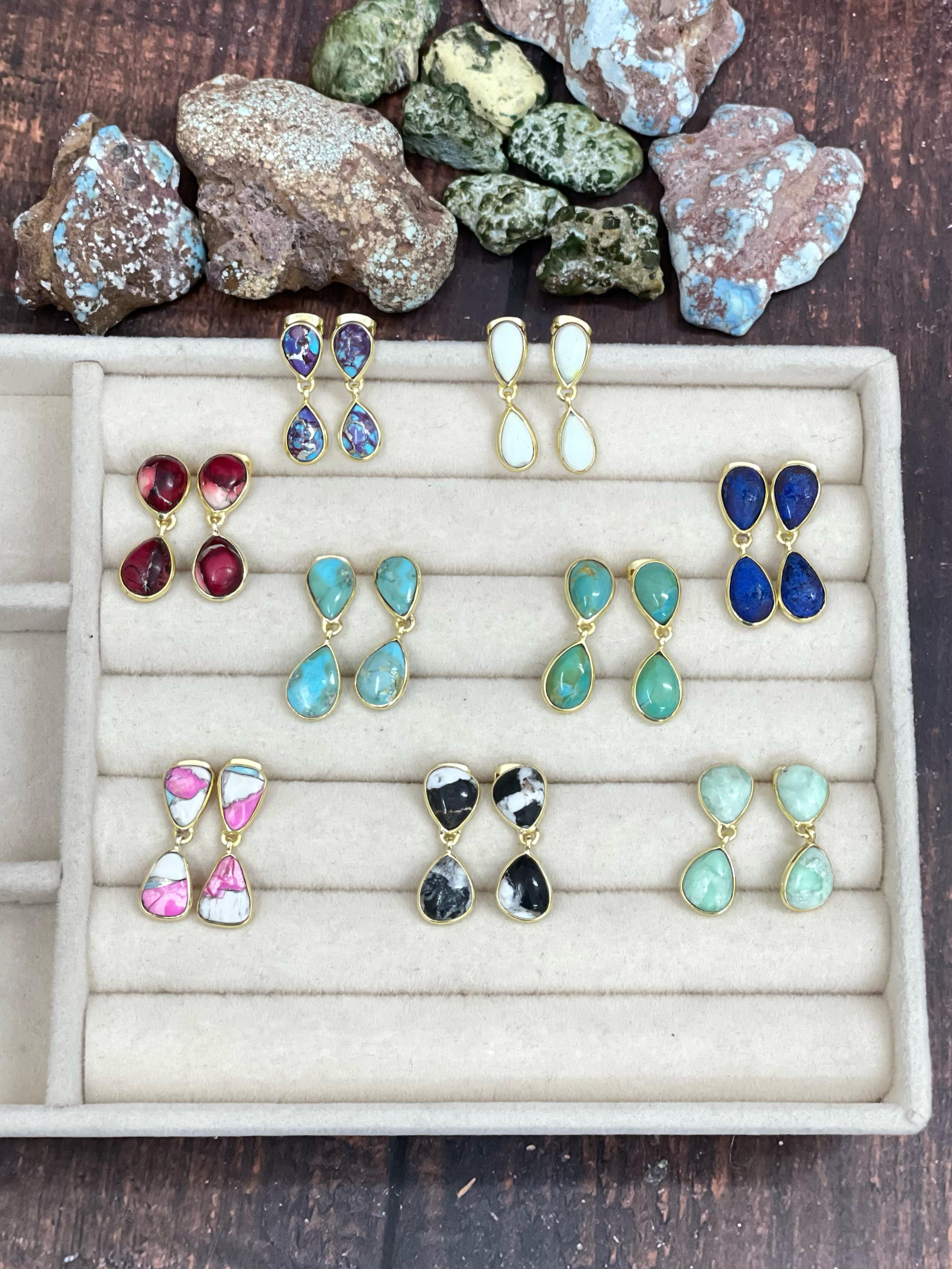 “The Golden Collection” Handmade Natural Gold Plated Multi Stone 2 Stone Dangle Earrings