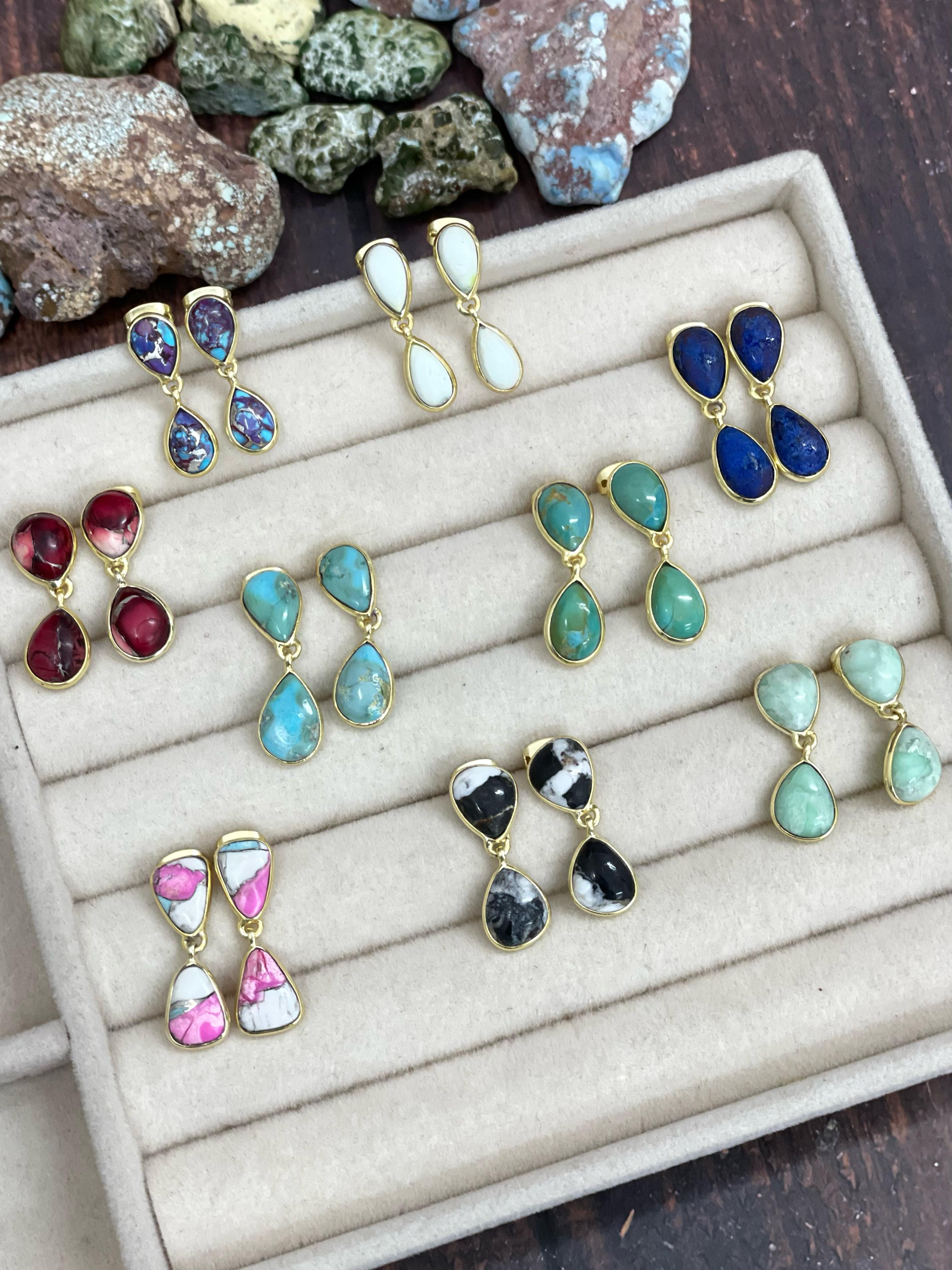 “The Golden Collection” Handmade Natural Gold Plated Multi Stone 2 Stone Dangle Earrings