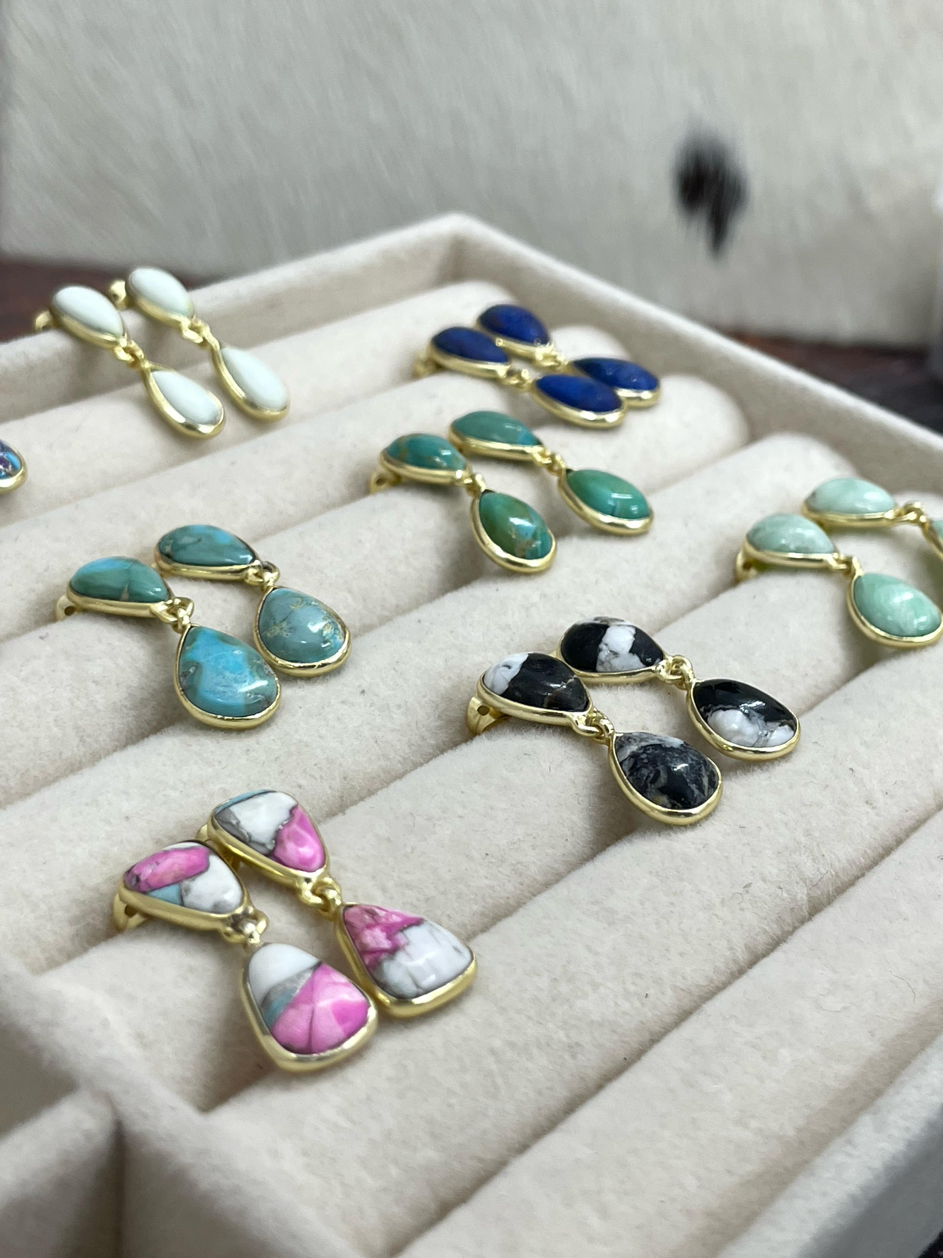 “The Golden Collection” Handmade Natural Gold Plated Multi Stone 2 Stone Dangle Earrings