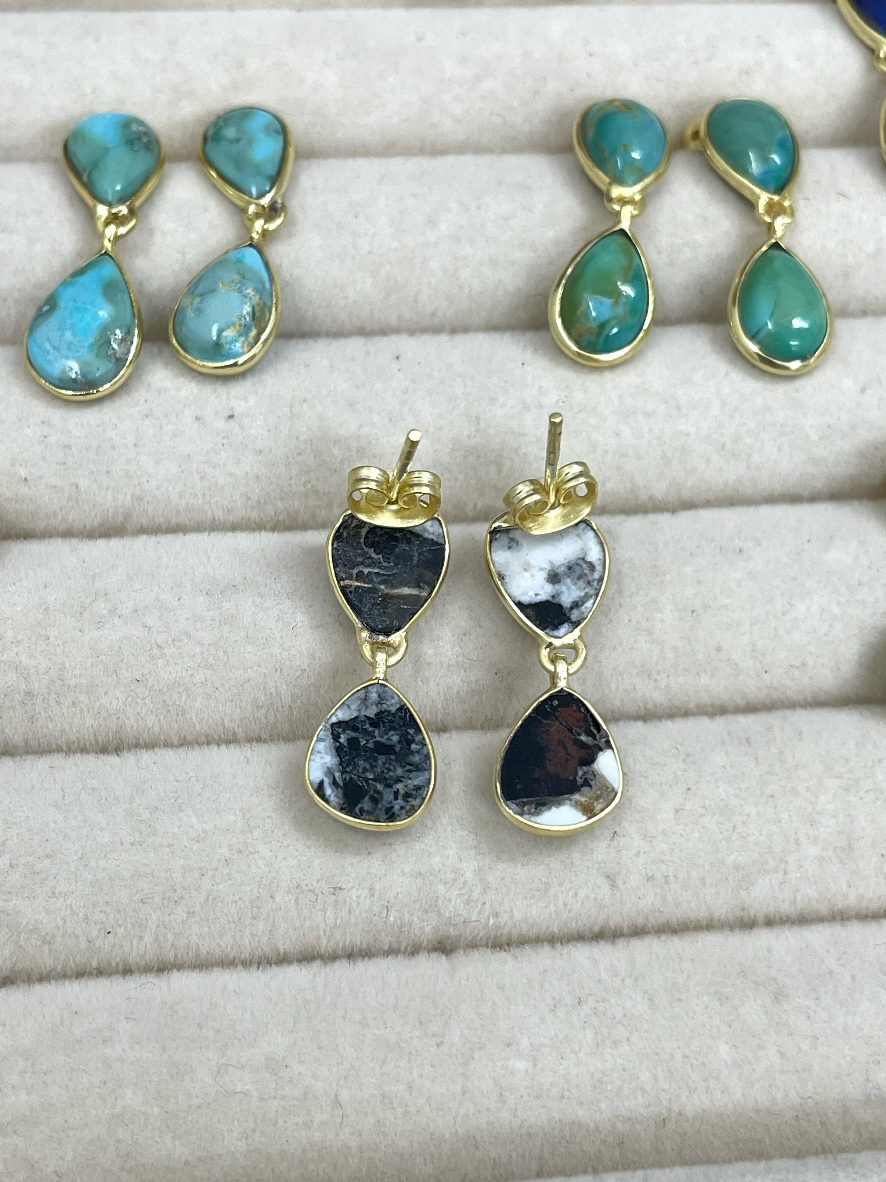 “The Golden Collection” Handmade Natural Gold Plated Multi Stone 2 Stone Dangle Earrings