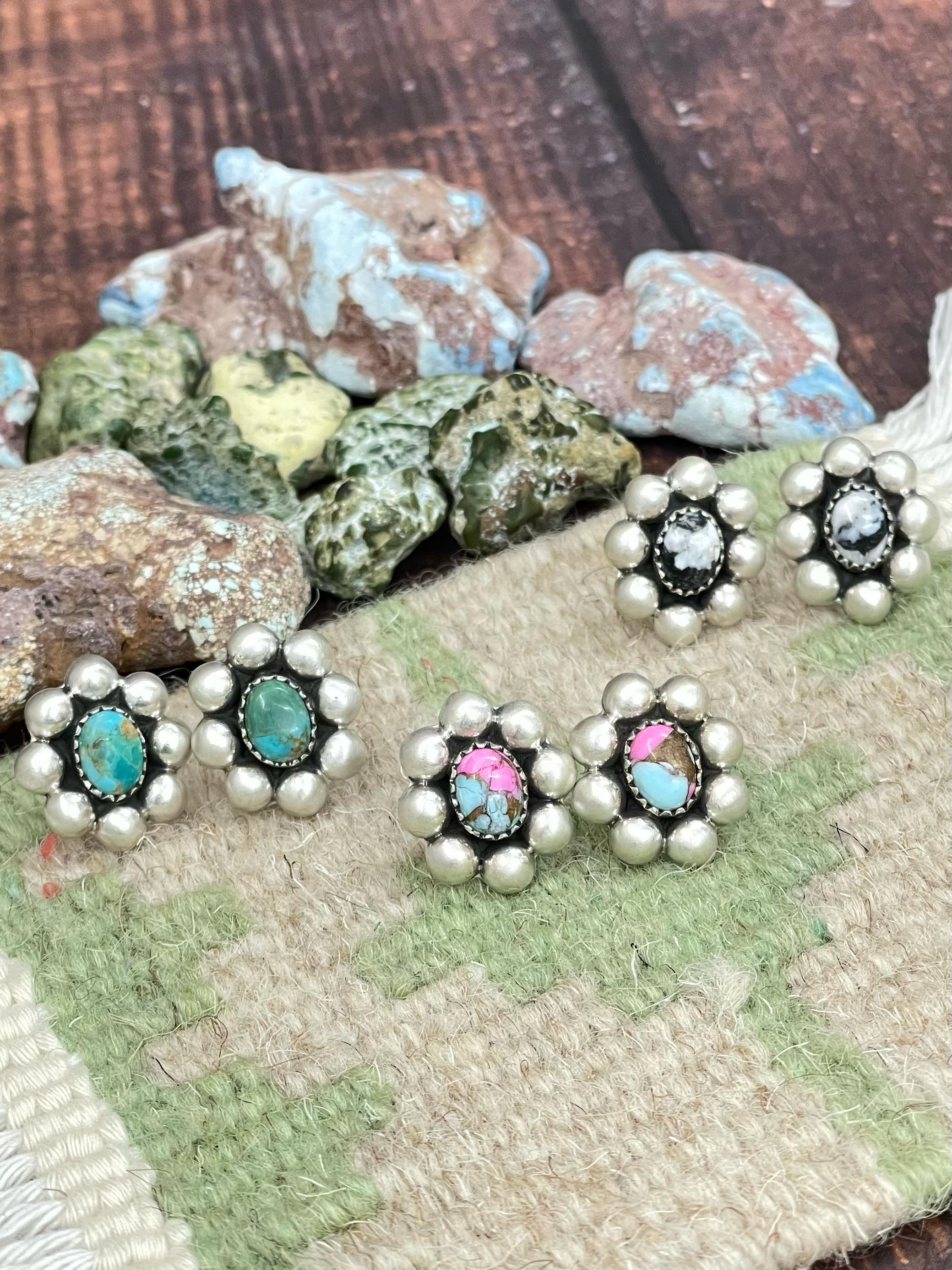 Handmade Sterling Silver Cotton Candy Turquoise, Kingman Turquoise, White Buffalo Turquoise Dangle Earrings, Signed Nizhoni