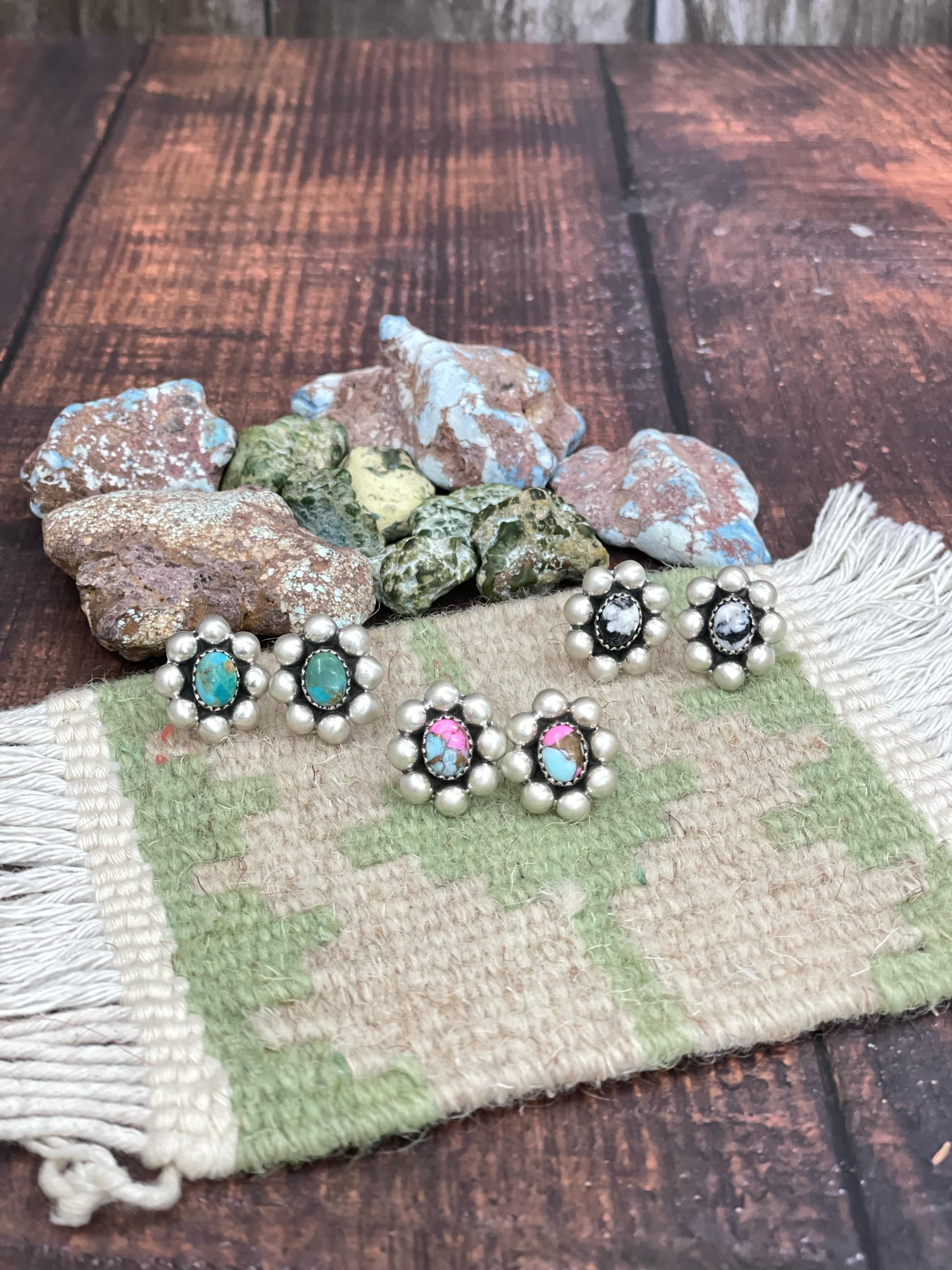 Handmade Sterling Silver Cotton Candy Turquoise, Kingman Turquoise, White Buffalo Turquoise Dangle Earrings, Signed Nizhoni