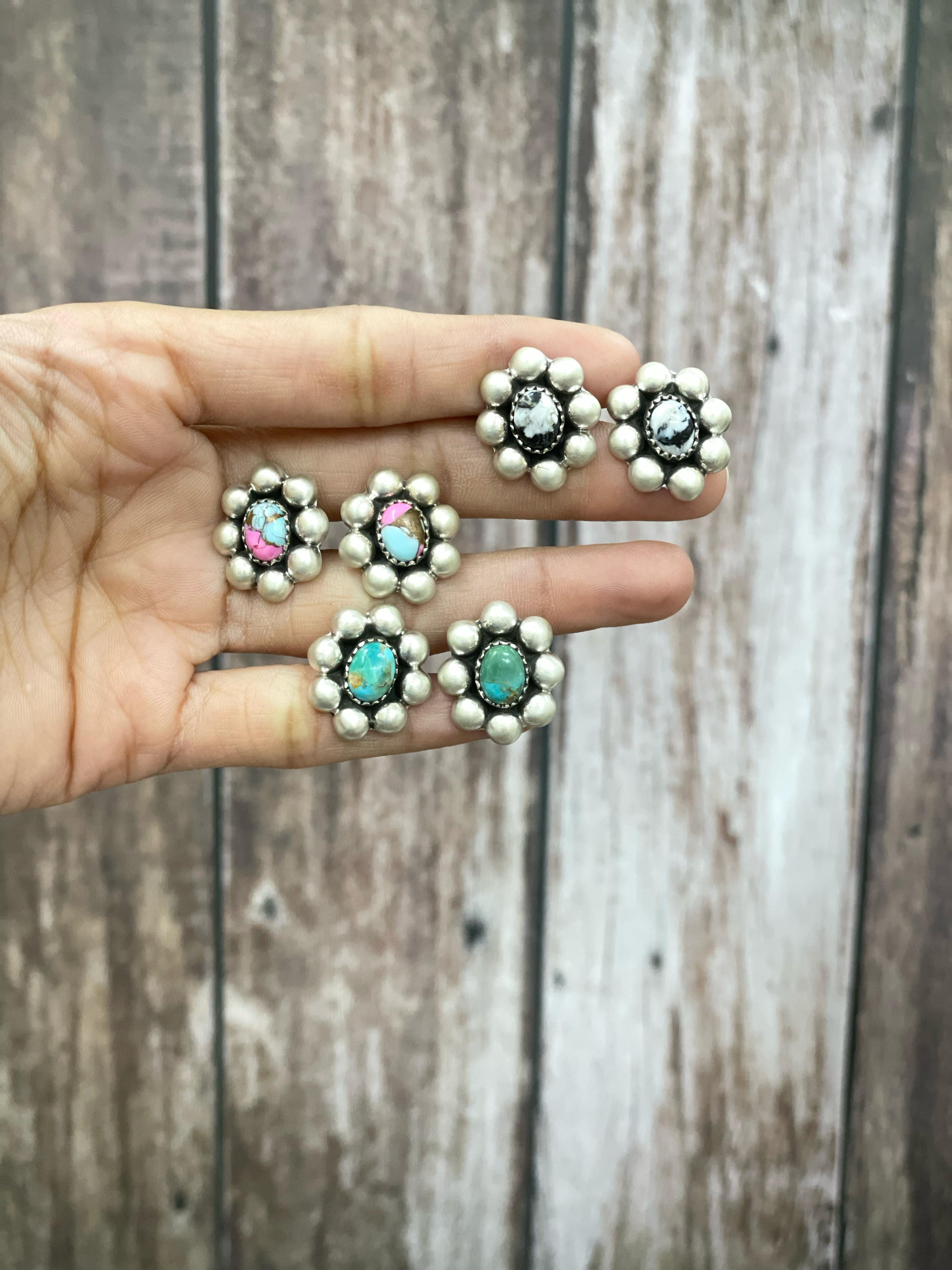 Handmade Sterling Silver Cotton Candy Turquoise, Kingman Turquoise, White Buffalo Turquoise Dangle Earrings, Signed Nizhoni