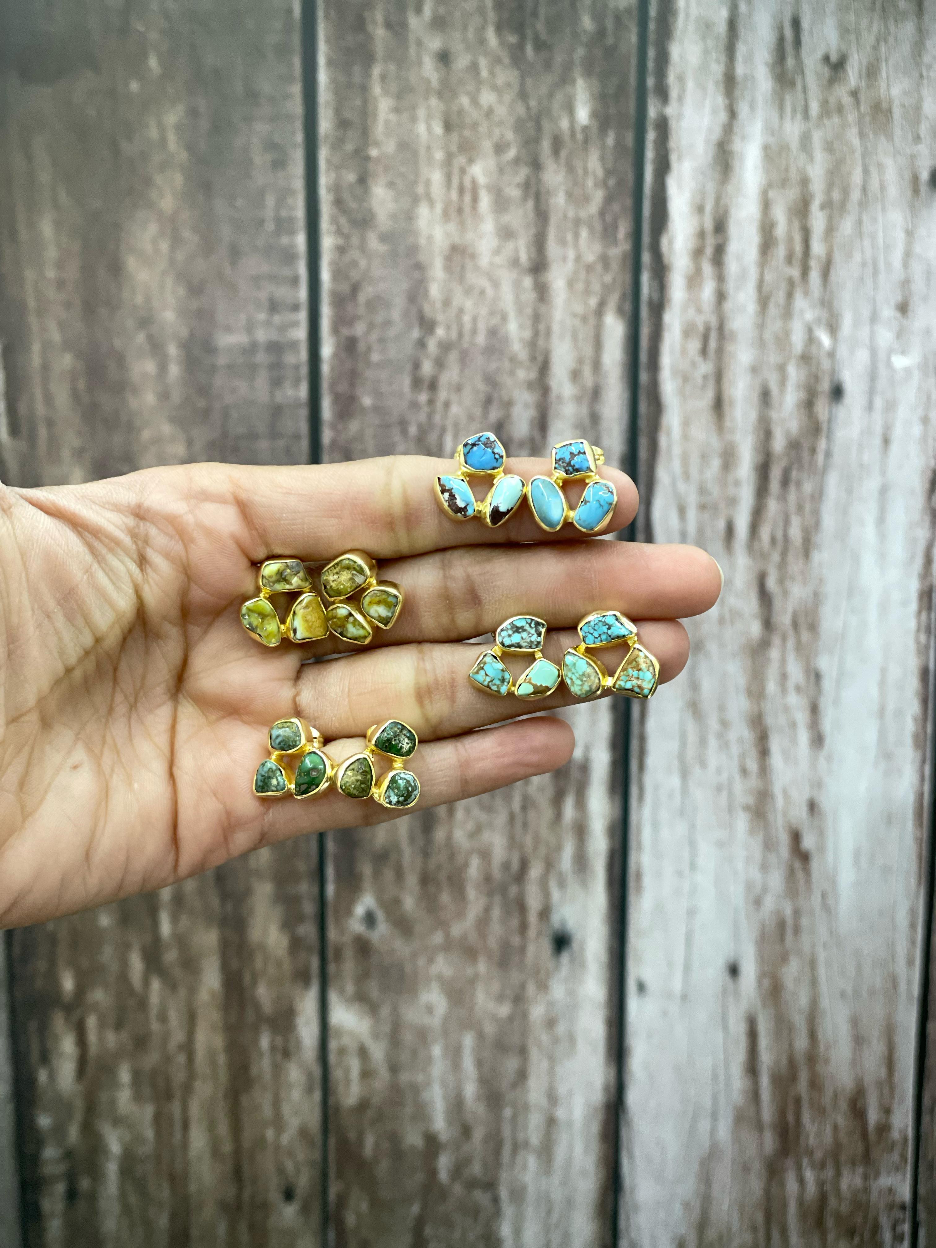 “The Golden Collection” The Bronco Handmade Natural Gold Plated Multi Stone Earrings