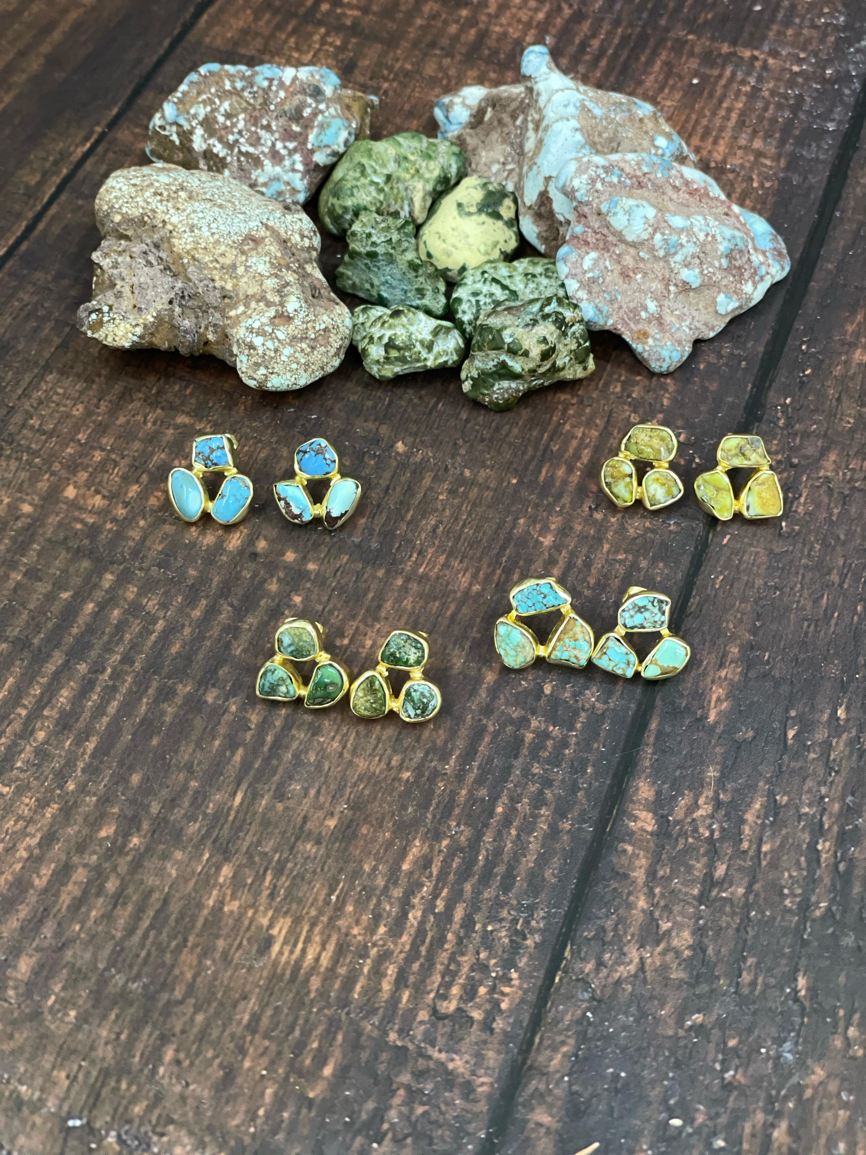 “The Golden Collection” The Bronco Handmade Natural Gold Plated Multi Stone Earrings