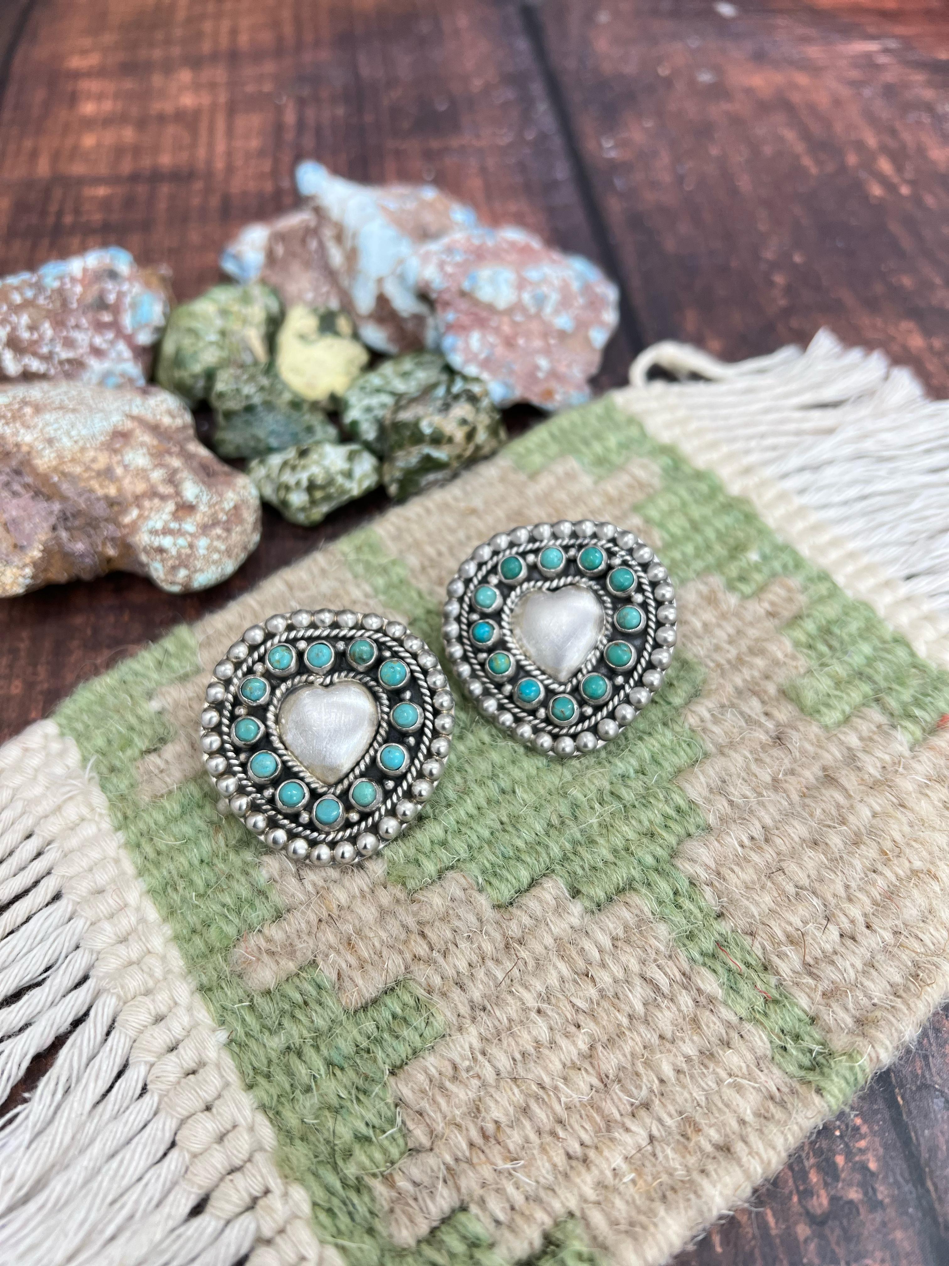 Handmade Sterling Silver Kingman Turquoise Post Earrings with Signed Nizhoni (f5)