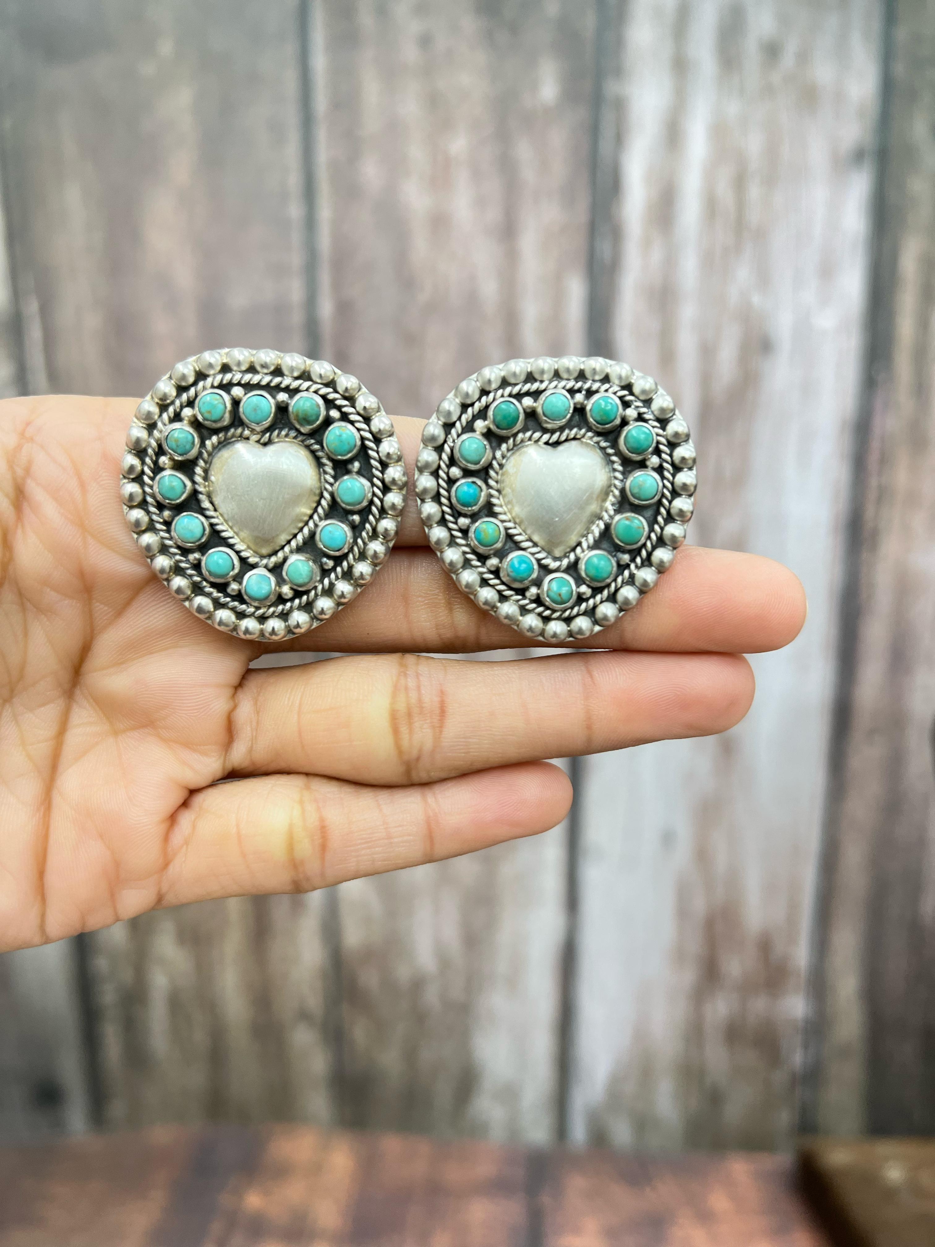 Handmade Sterling Silver Kingman Turquoise Post Earrings with Signed Nizhoni (f5)