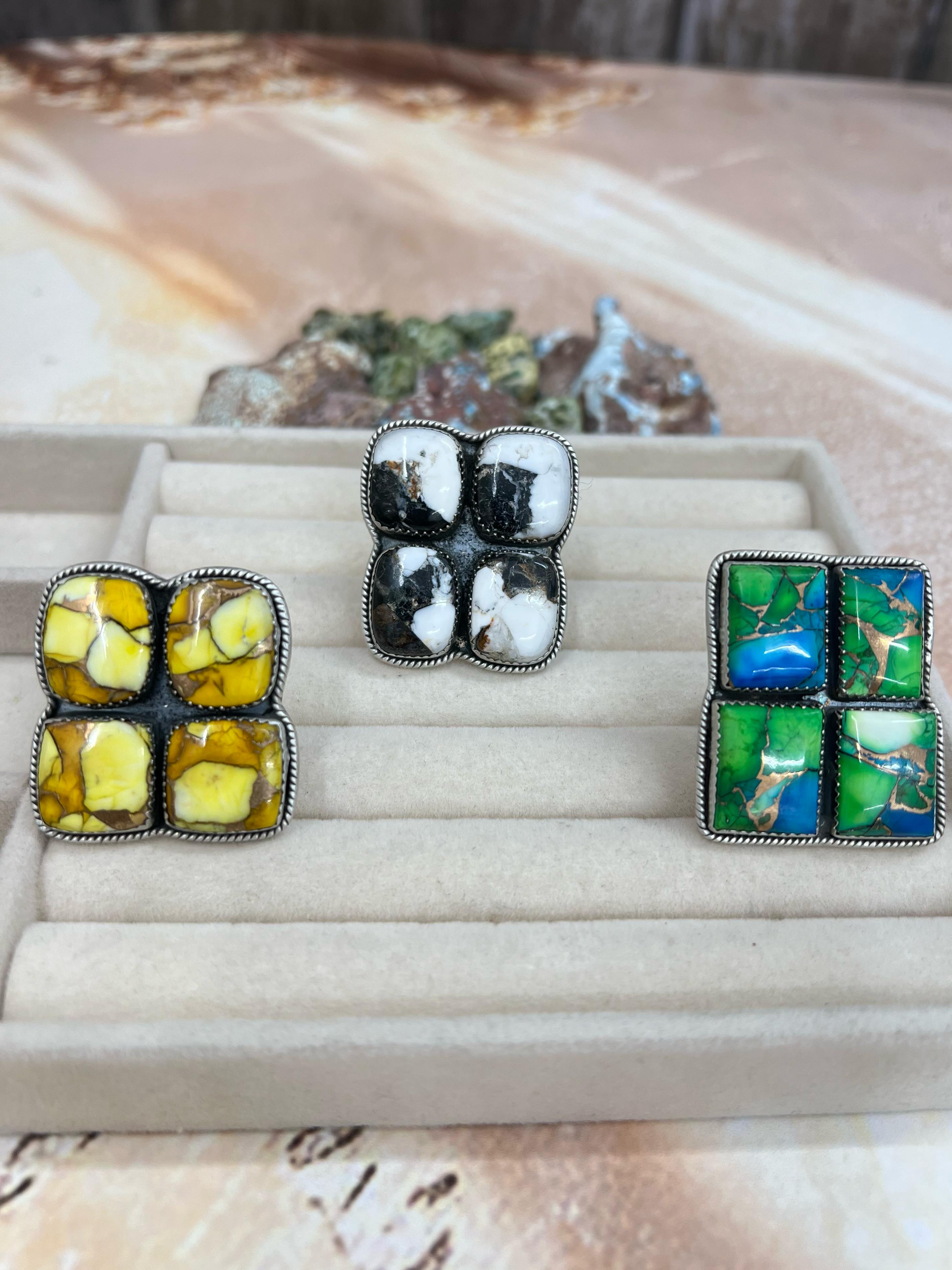 Handmade Sterling Silver Multi Stone Adjustable Rings with Signed Nizhoni (f9)