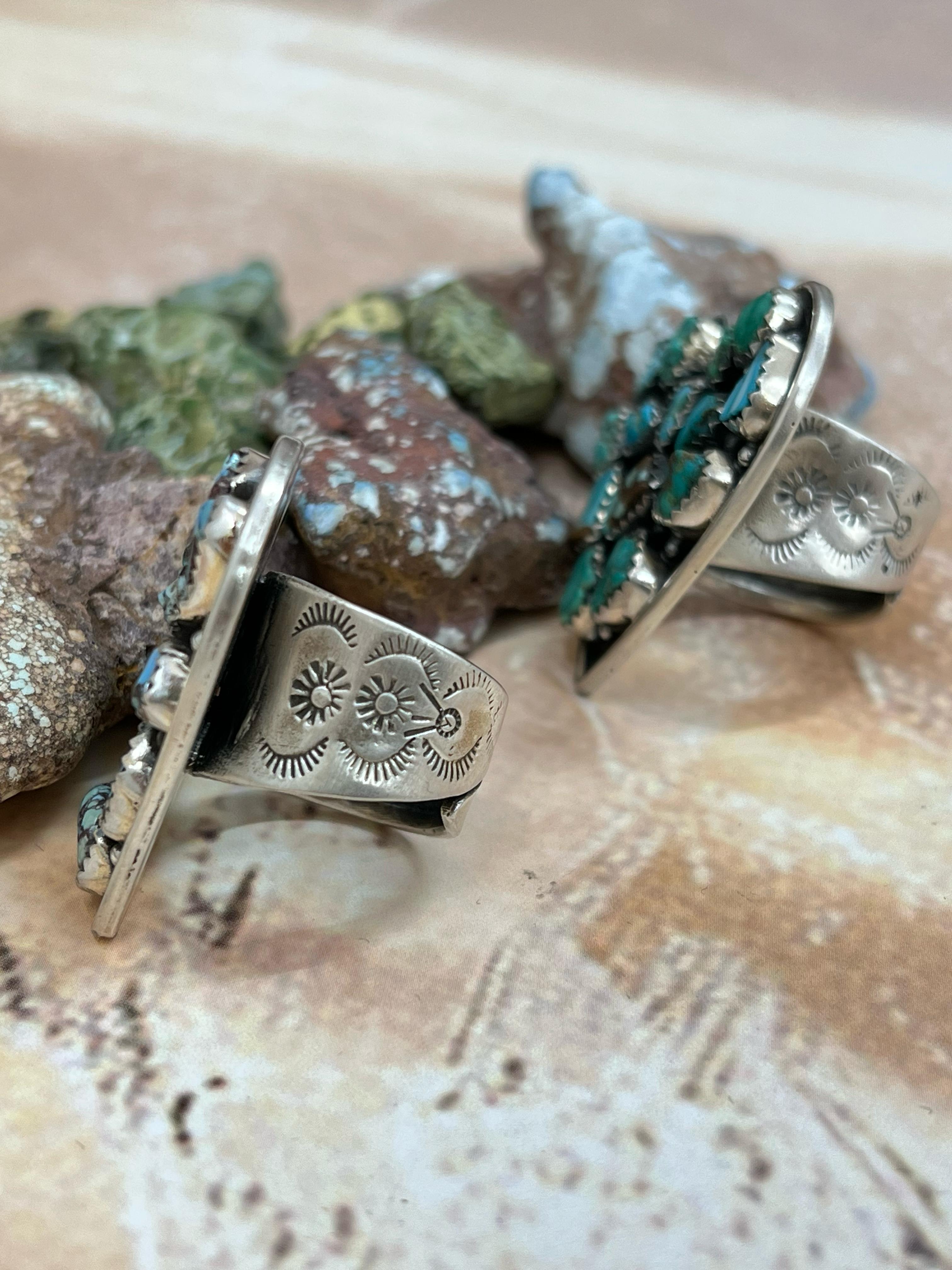 Handmade Sterling Silver Golden Hills, Sonoran Mountain Turquoise Adjustable Rings with Signed Nizhoni
