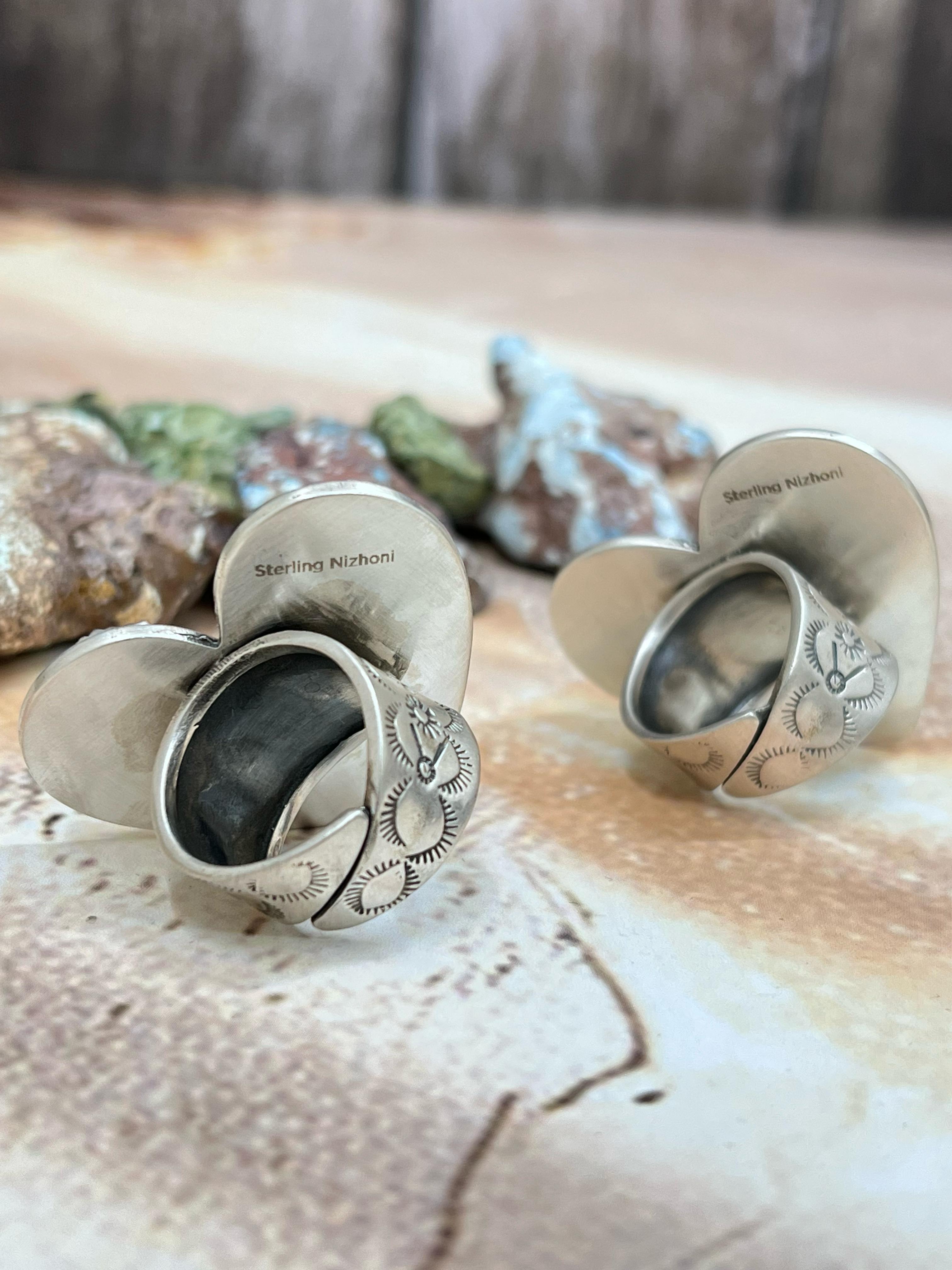 Handmade Sterling Silver Golden Hills, Sonoran Mountain Turquoise Adjustable Rings with Signed Nizhoni