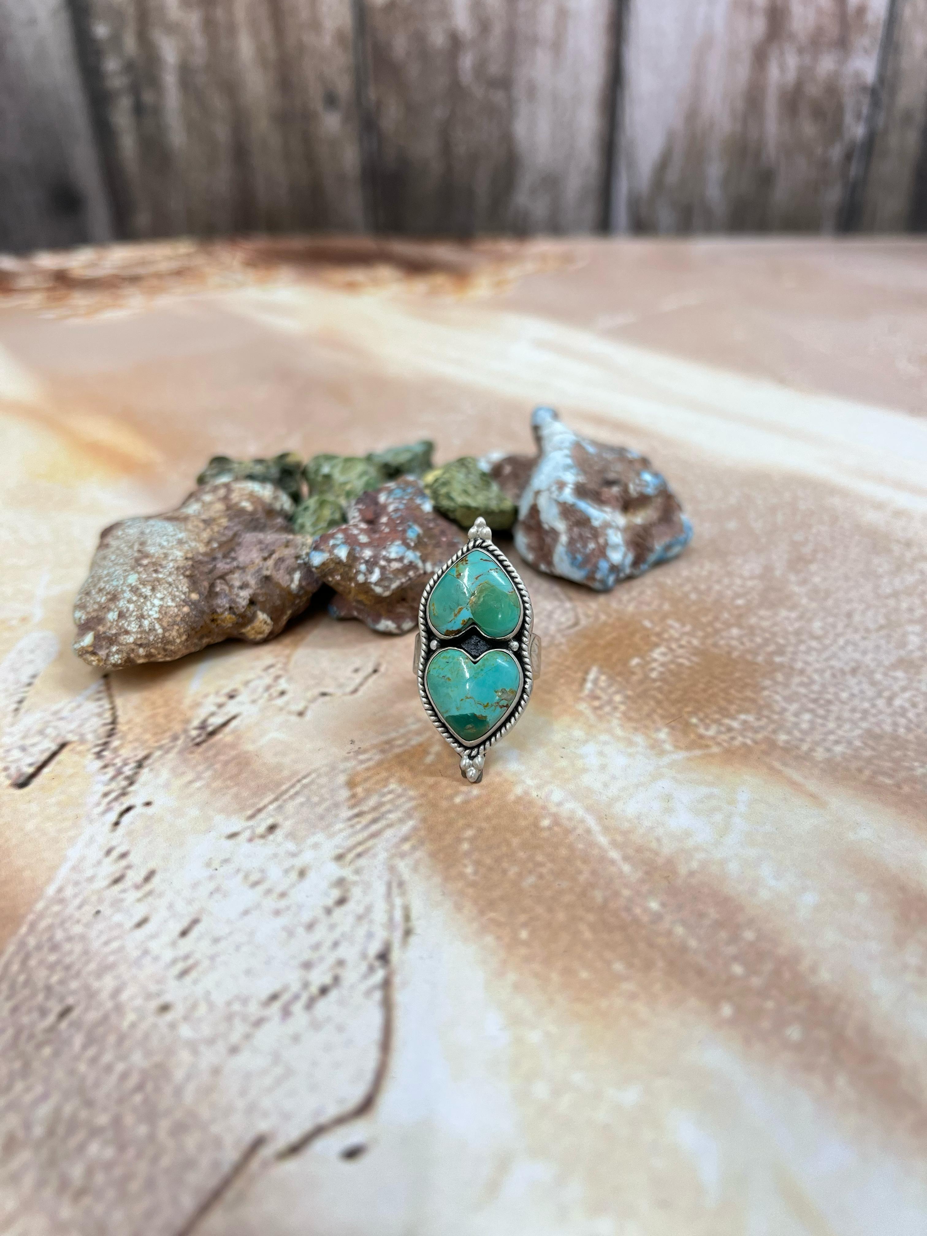 Handmade Sterling Silver Kingman Turquoise Adjustable Ring with Signed Nizhoni (f7)